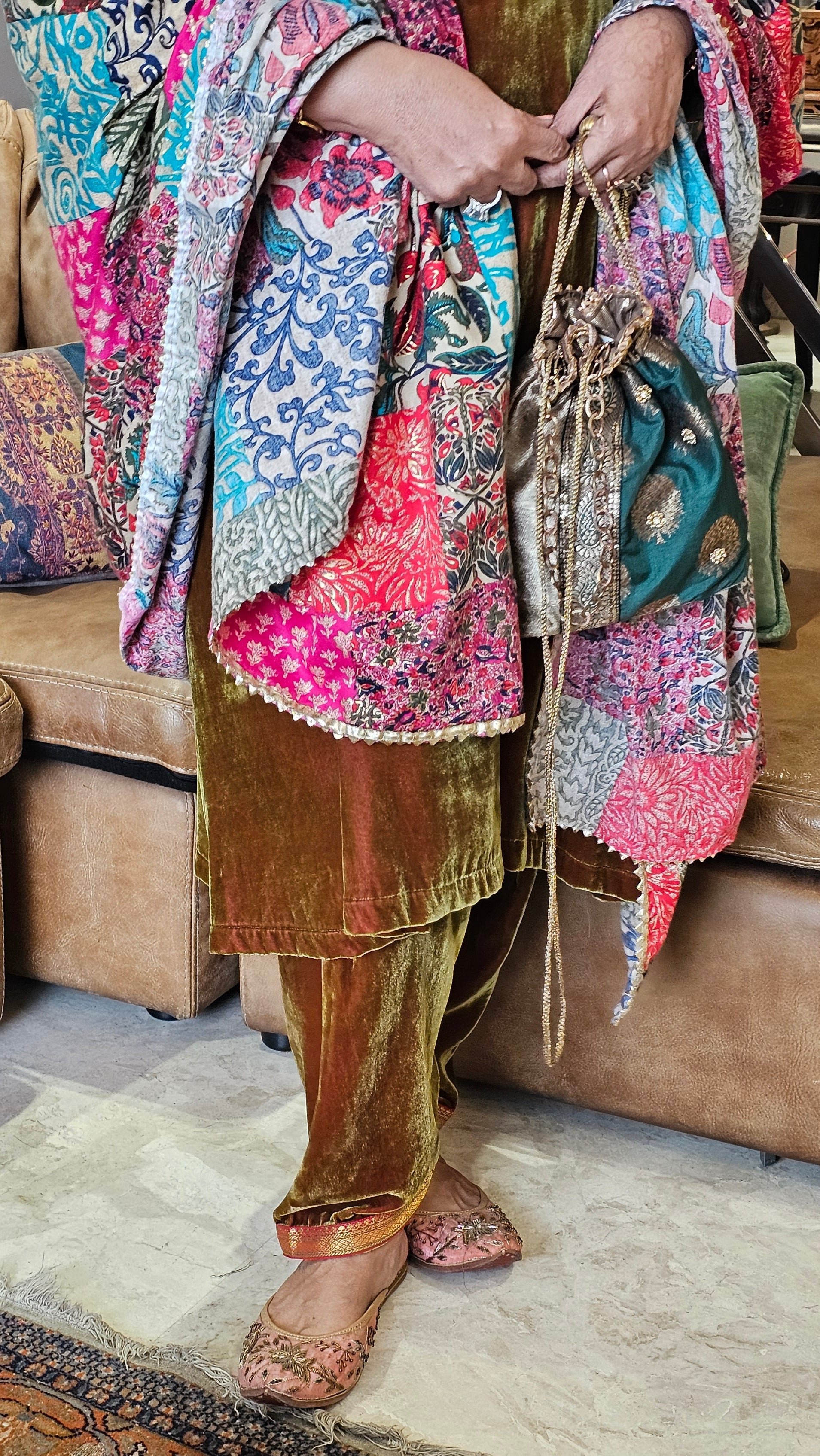 Beautiful pure silk Velvet suit with Bina Kundey ki salwaar with multicoloured shawl