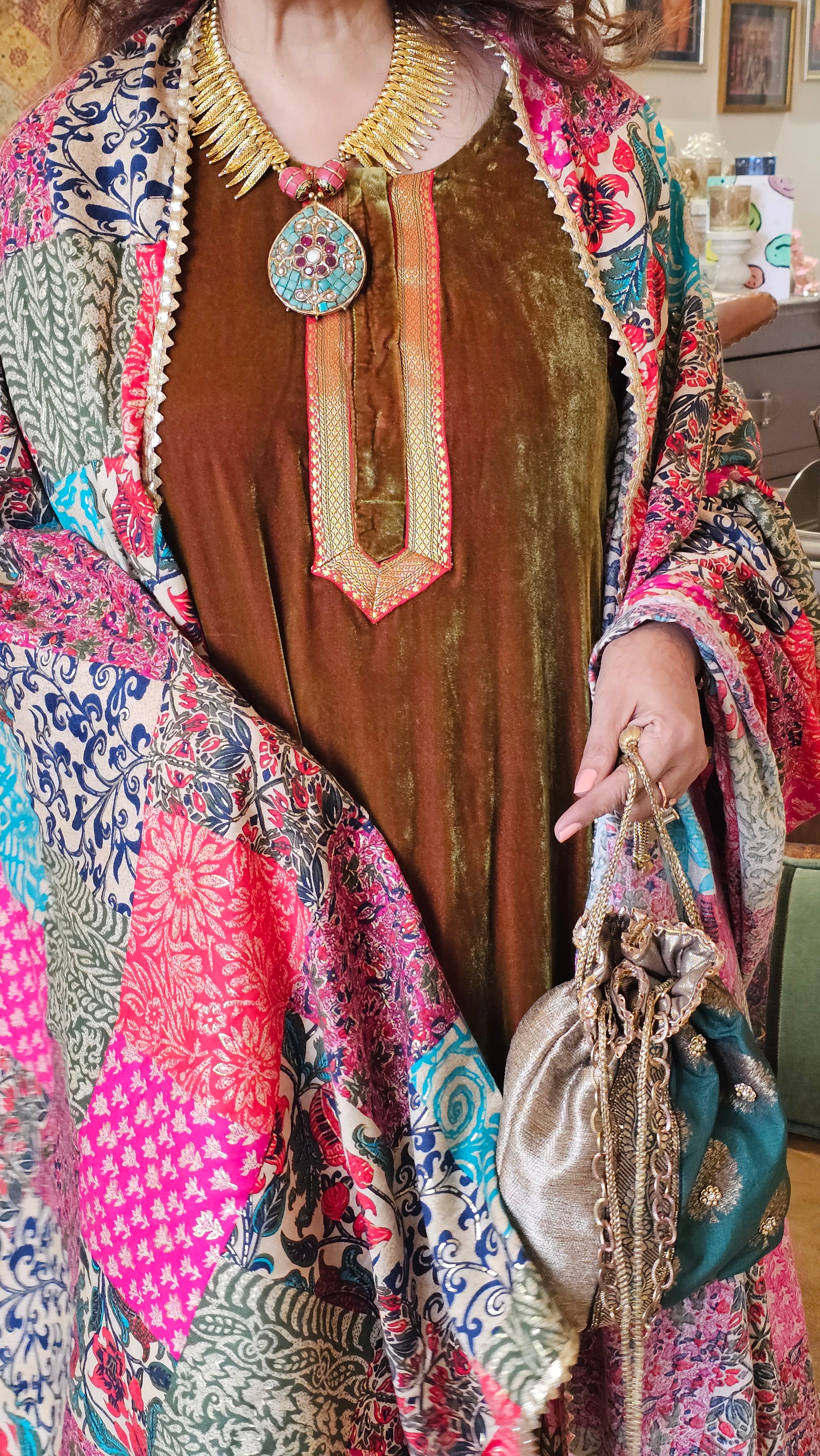 Beautiful pure silk Velvet suit with Bina Kundey ki salwaar with multicoloured shawl