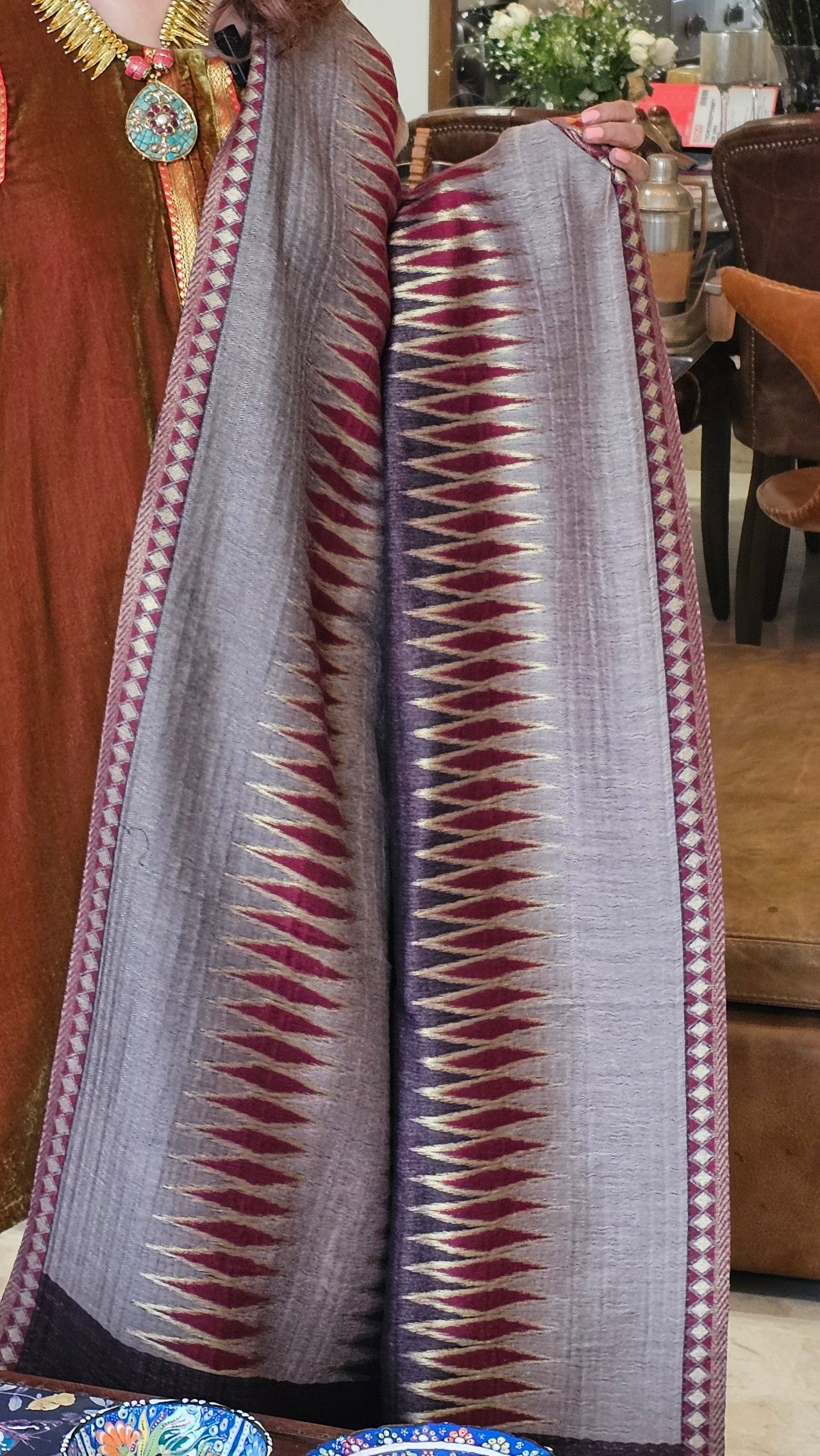 Beautiful pure silk Velvet suit with Bina Kundey ki salwaar with reversible shawl