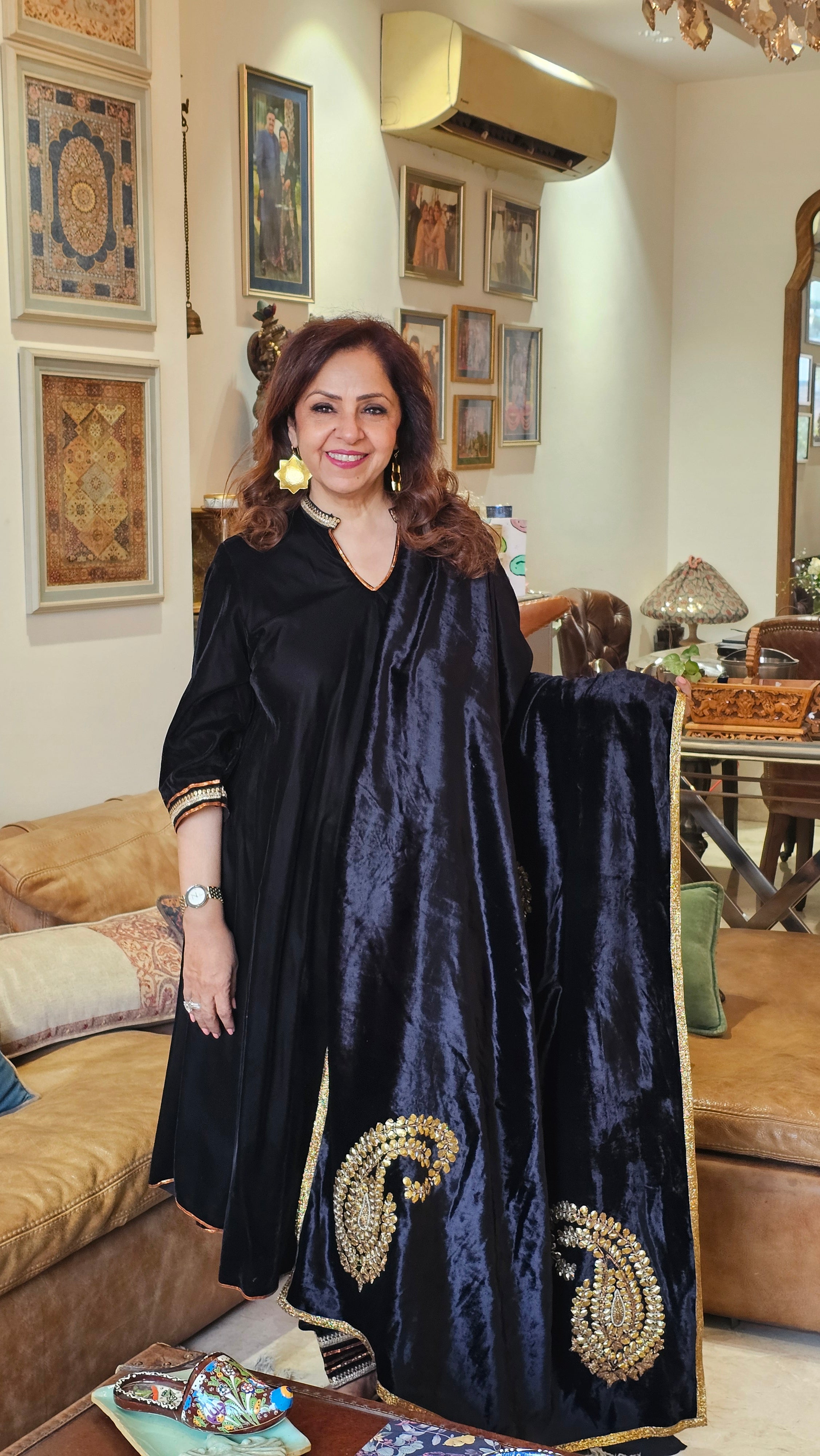Beautiful pure silk Velvet suit with Chote Ponchey ki salwaar trimmed with Gota Kinari with hand embroidered Gota Patti velvet shawl