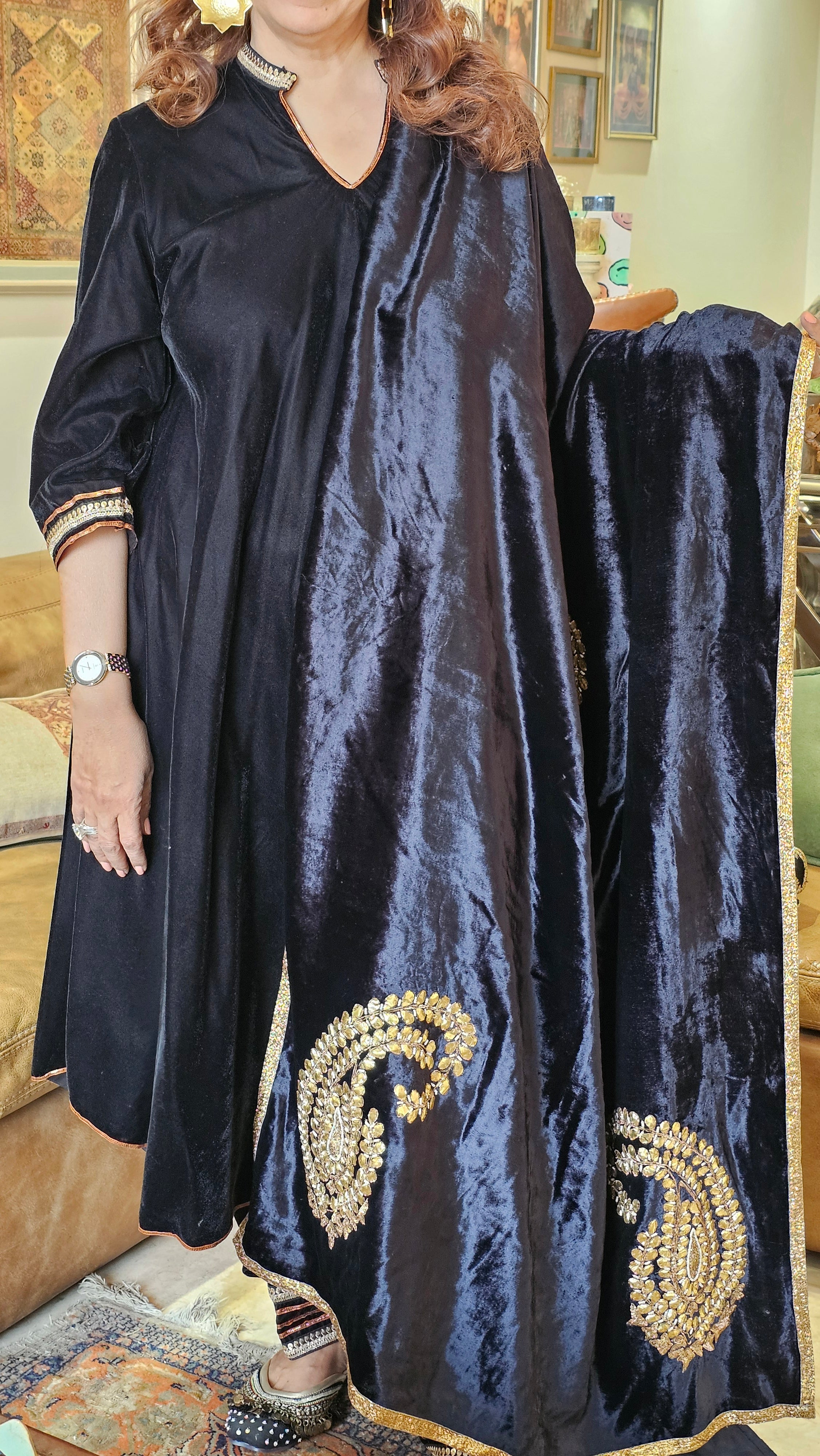 Beautiful pure silk Velvet suit with Chote Ponchey ki salwaar trimmed with Gota Kinari with hand embroidered Gota Patti velvet shawl