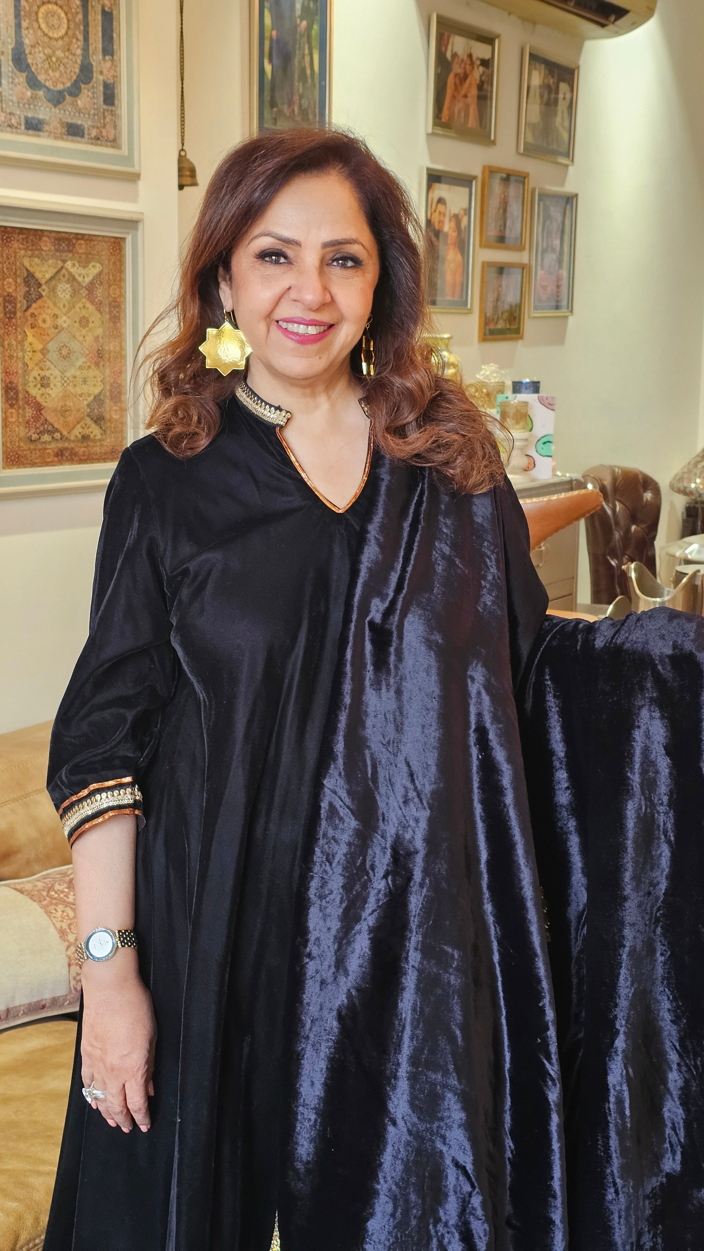 Beautiful pure silk Velvet suit with Chote Ponchey ki salwaar trimmed with Gota Kinari with hand embroidered Gota Patti velvet shawl