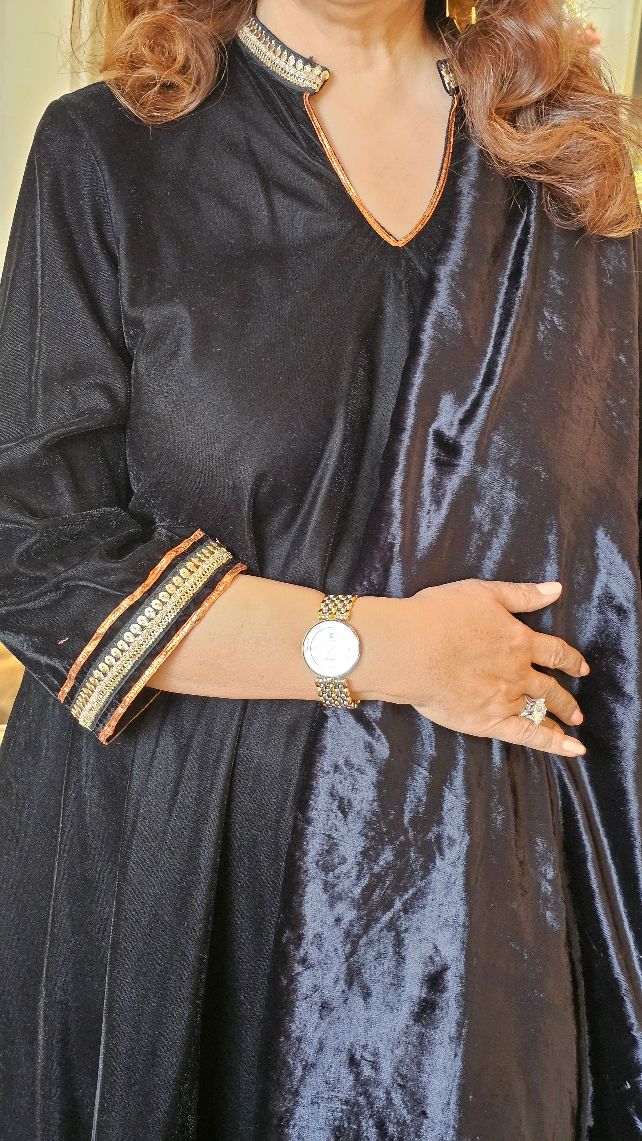 Beautiful pure silk Velvet suit with Chote Ponchey ki salwaar trimmed with Gota Kinari with hand embroidered Gota Patti velvet shawl