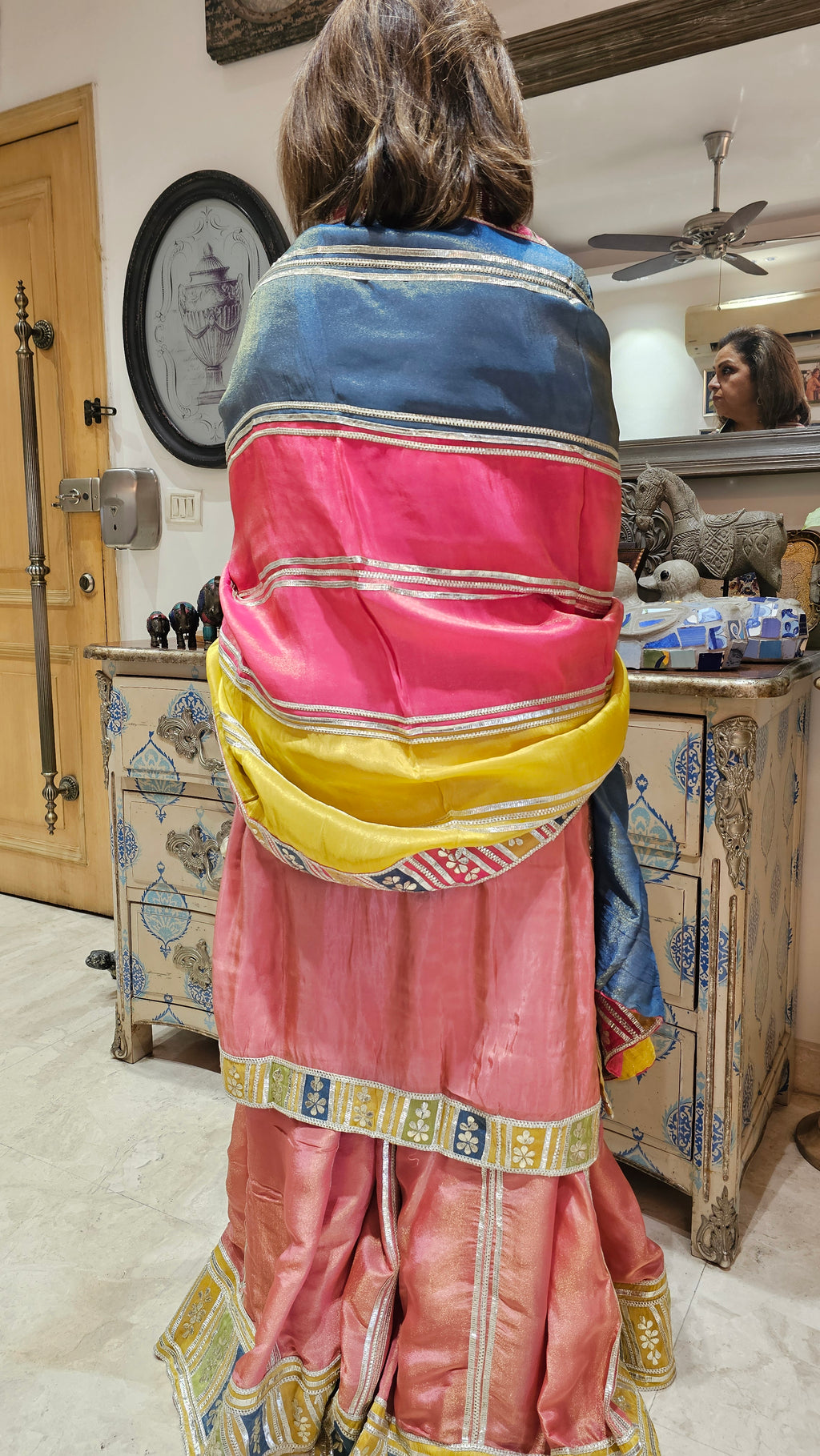 Beautiful tissue top, Bottom & Dupatta embellished with gota patti & mirror work