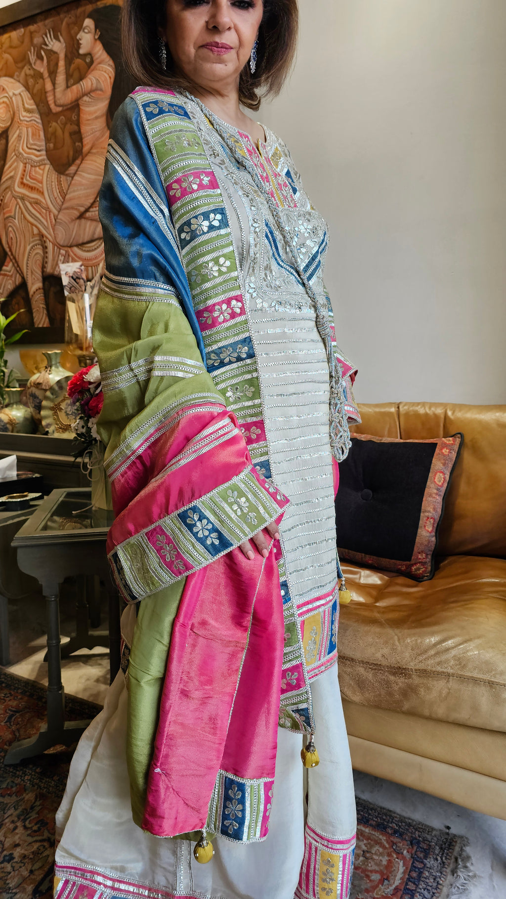 Beautiful tissue top, Bottom & Dupatta embellished with gota patti & mirror work