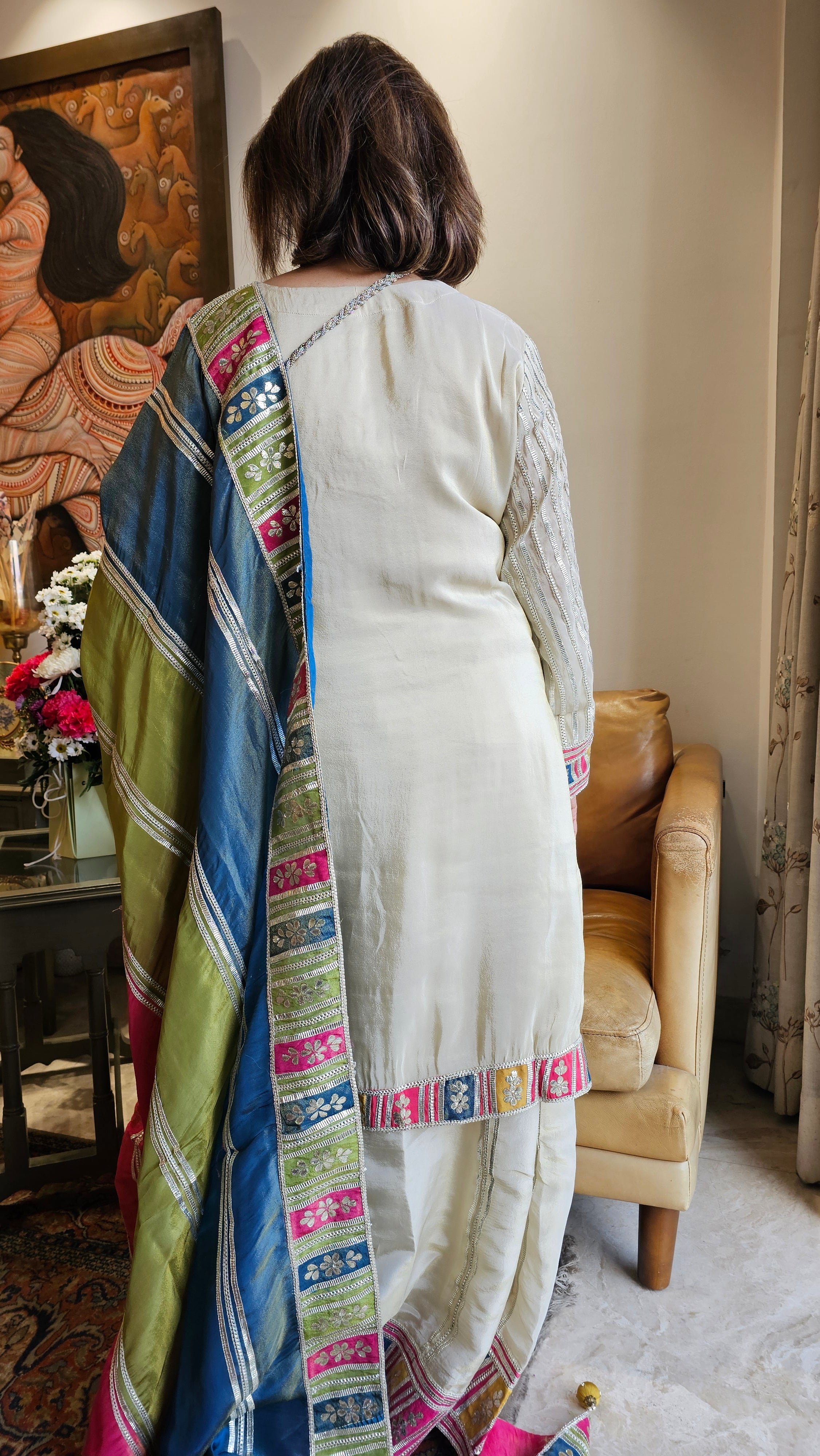 Beautiful tissue top, Bottom & Dupatta embellished with gota patti & mirror work