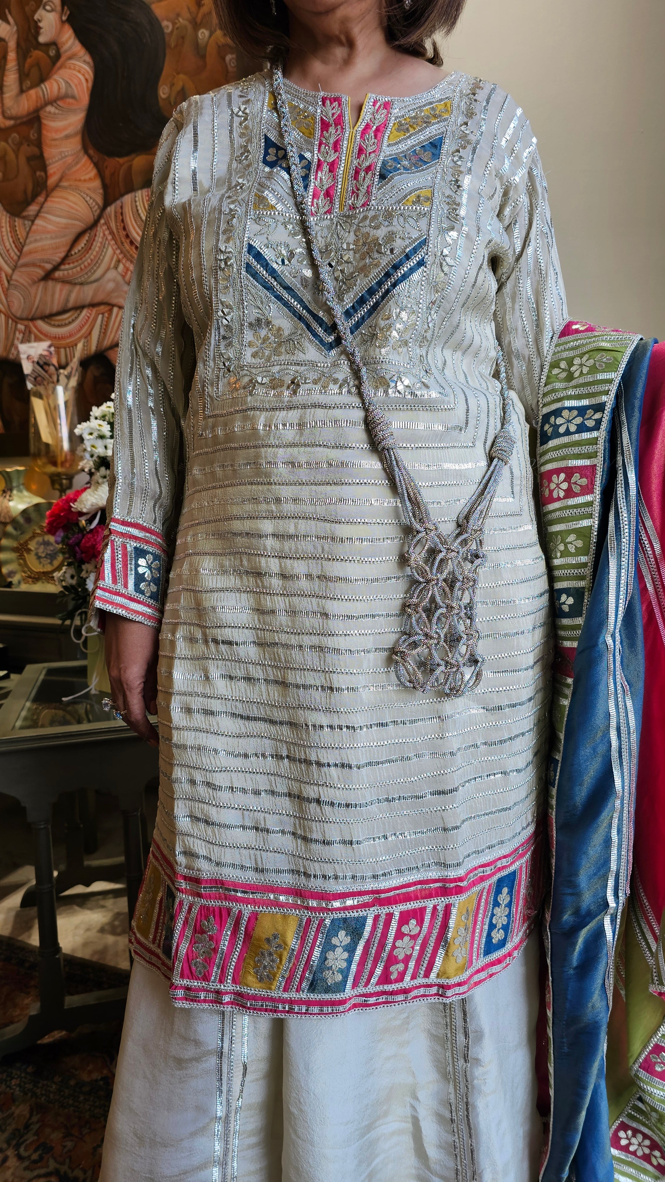 Beautiful tissue top, Bottom & Dupatta embellished with gota patti & mirror work