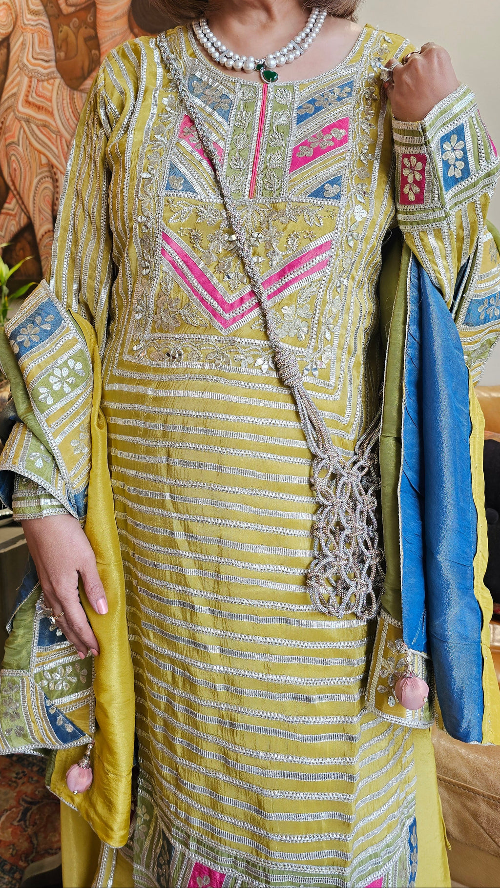 Beautiful tissue top, Bottom & Dupatta embellished with gota patti & mirror work