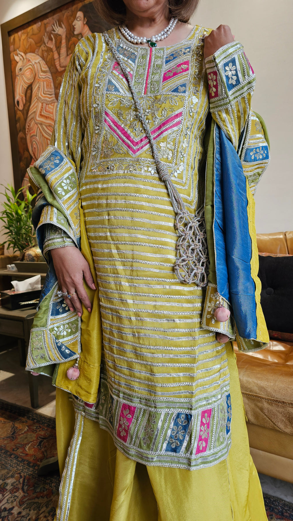 Beautiful tissue top, Bottom & Dupatta embellished with gota patti & mirror work