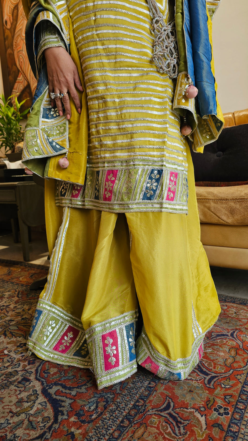 Beautiful tissue top, Bottom & Dupatta embellished with gota patti & mirror work