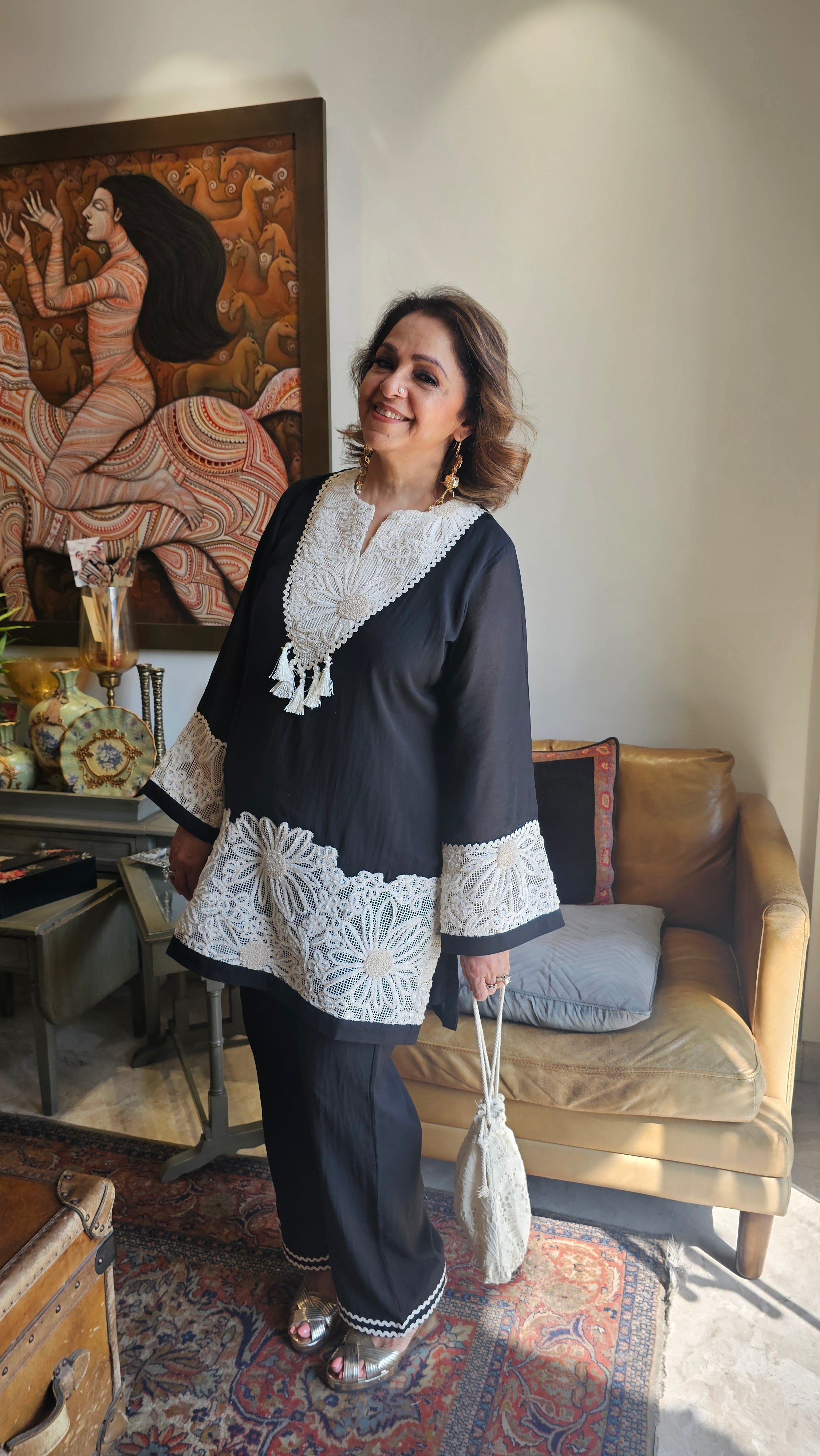 Gorgeous Mul Mul Co-ord set trimmed intricate Lace & Embellished with some hand embroidery