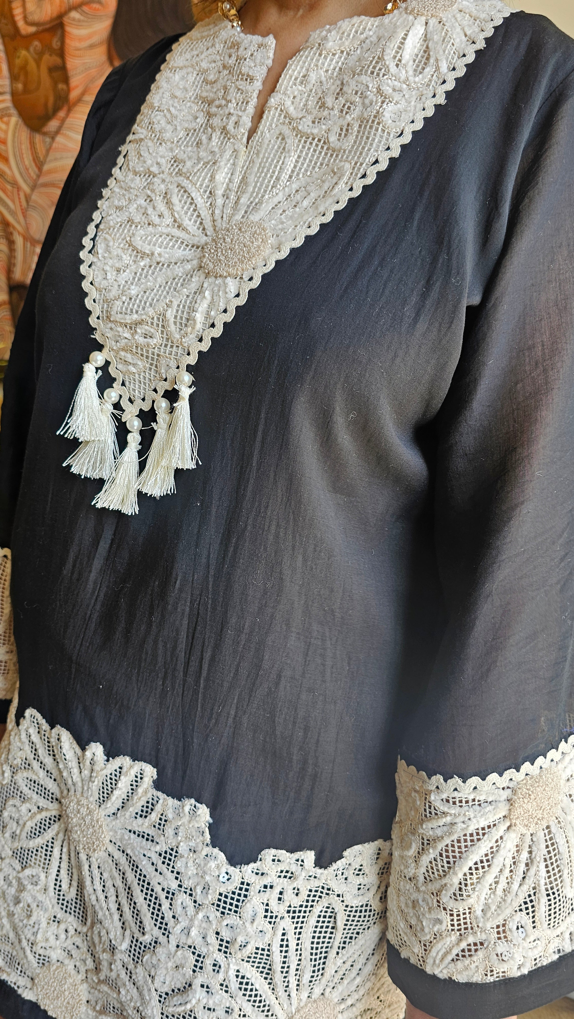 Gorgeous Mul Mul Co-ord set trimmed intricate Lace & Embellished with some hand embroidery