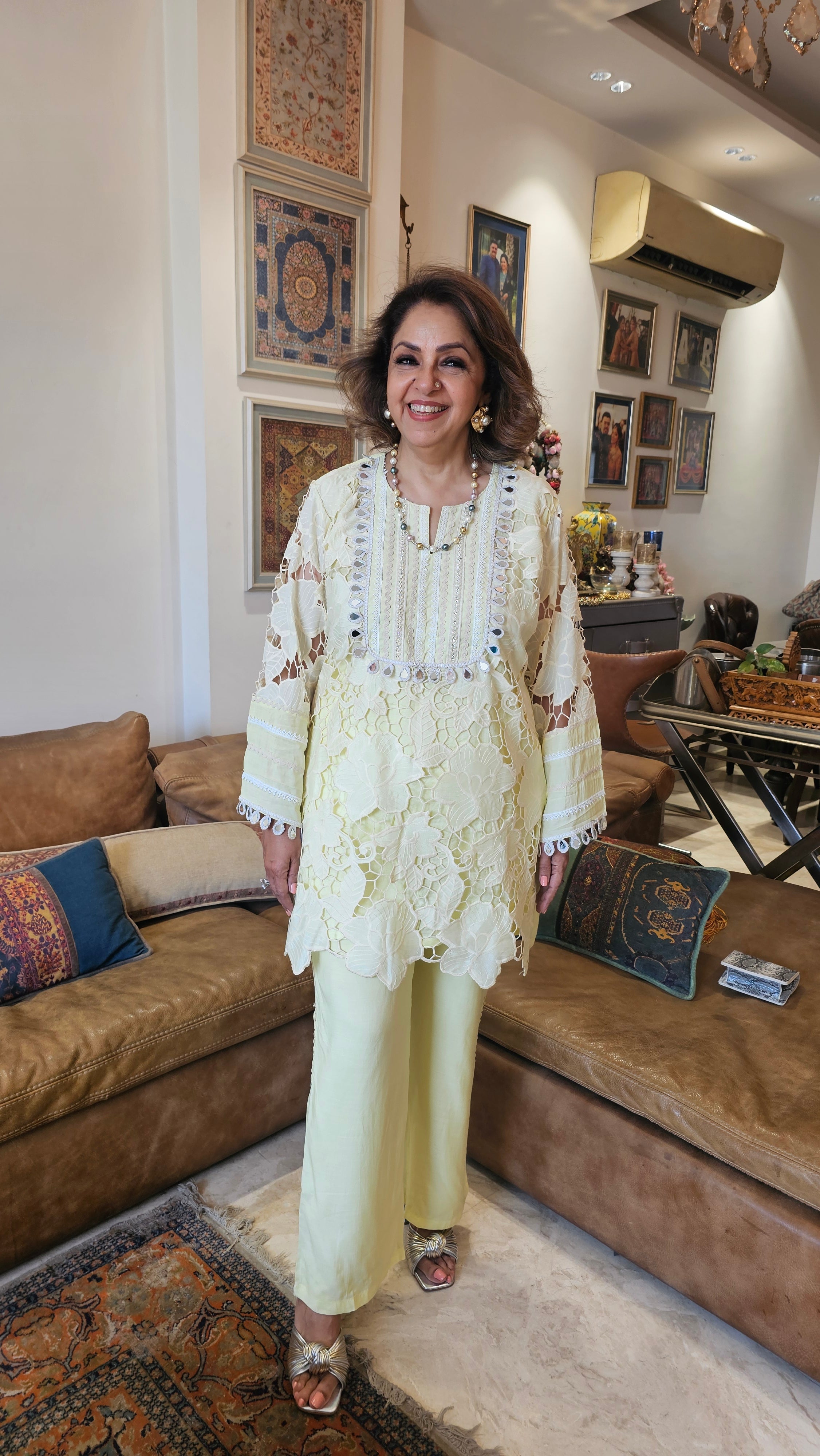 Beautiful Muslin Lace Co-ord set  trimmed with mirror & Pearl Work