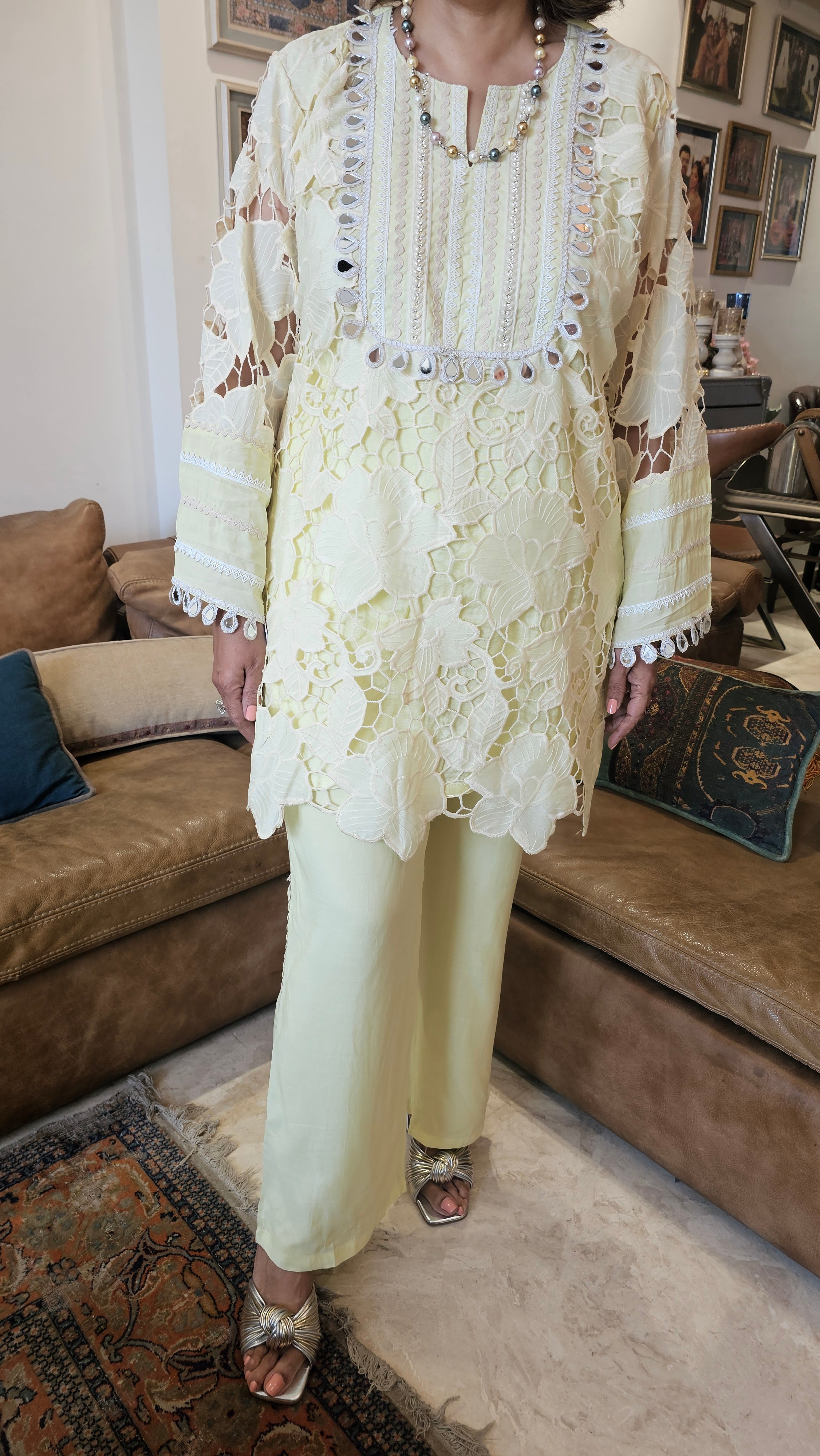 Beautiful Muslin Lace Co-ord set  trimmed with mirror & Pearl Work