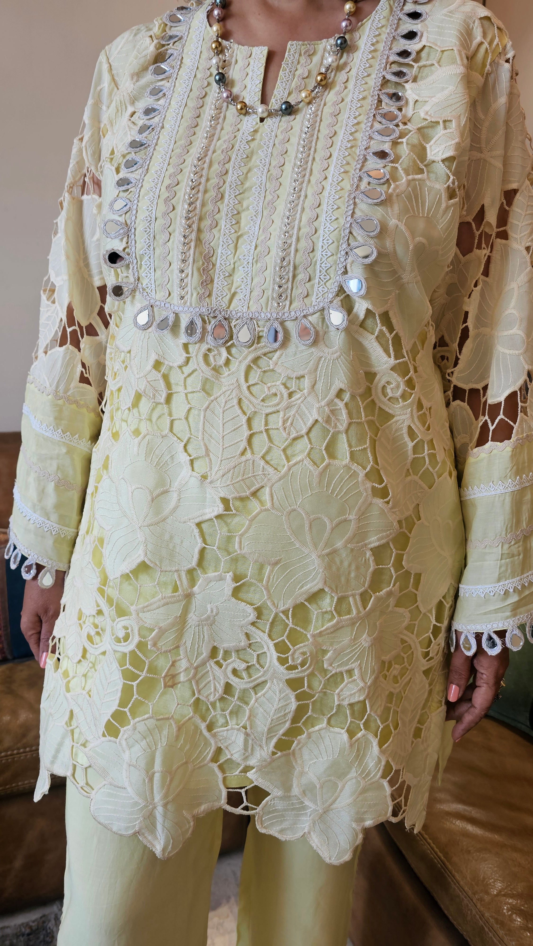 Beautiful Muslin Lace Co-ord set  trimmed with mirror & Pearl Work