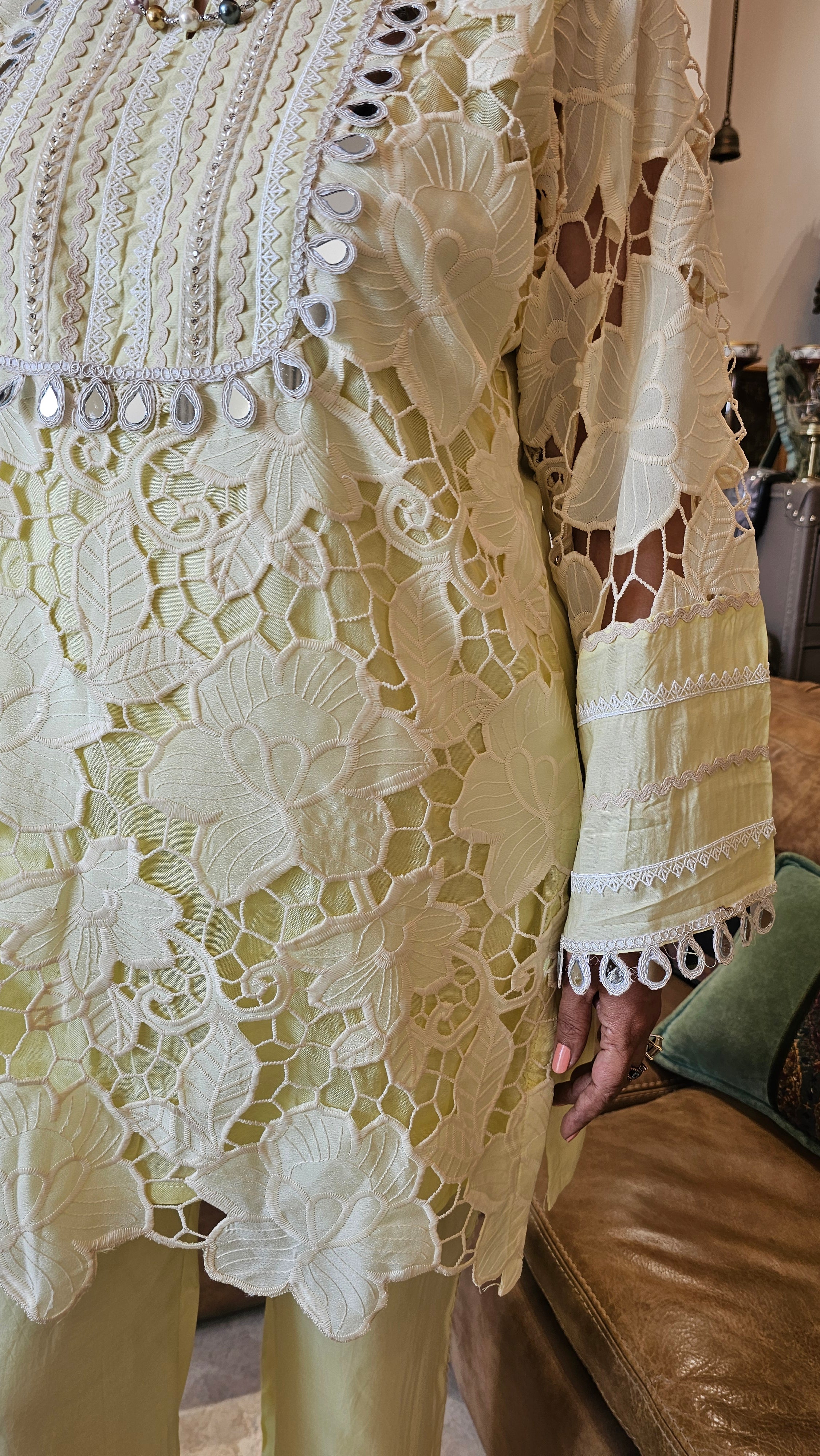 Beautiful Muslin Lace Co-ord set  trimmed with mirror & Pearl Work