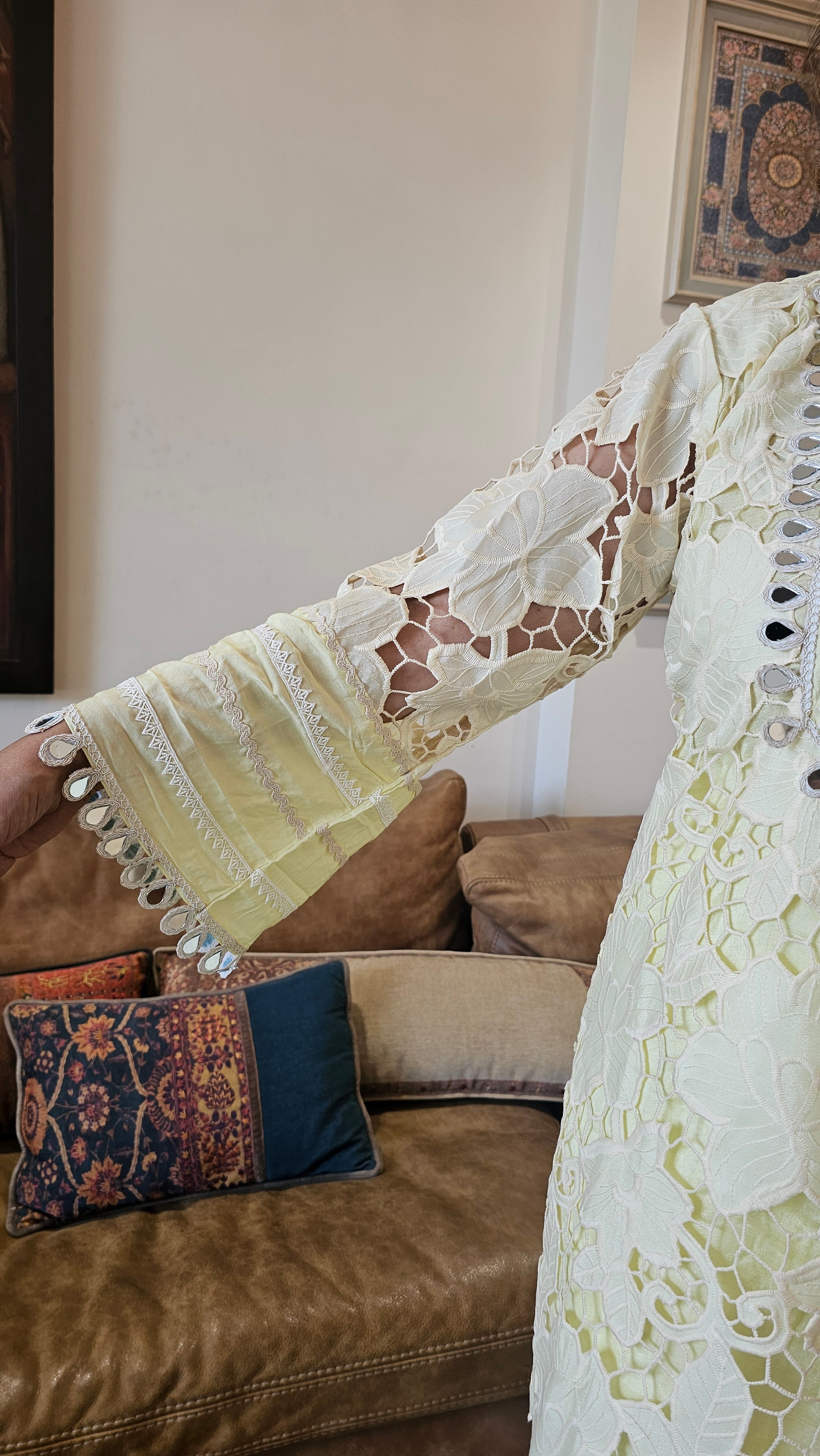 Beautiful Muslin Lace Co-ord set  trimmed with mirror & Pearl Work