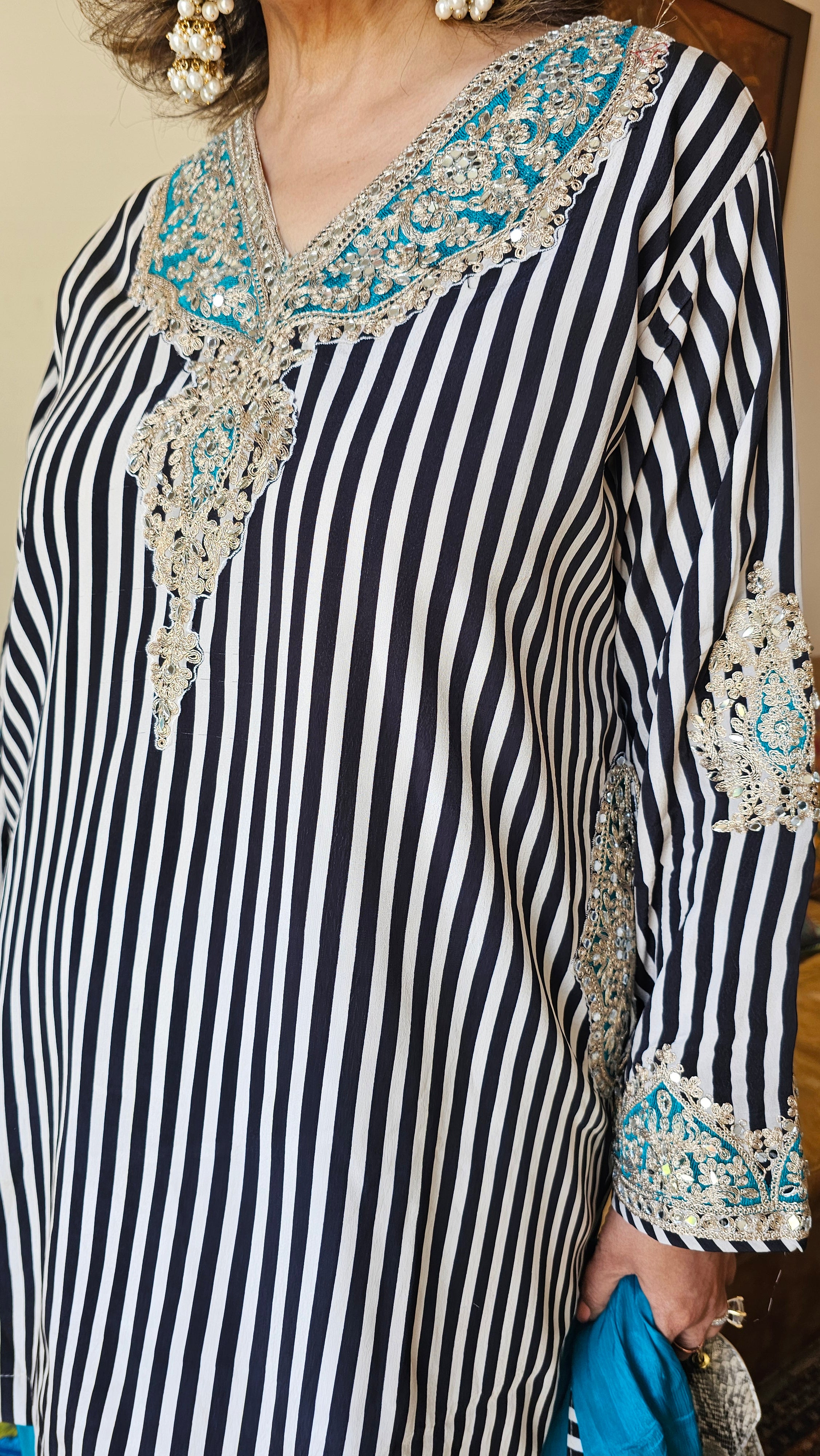 Beautiful Satin Crepe fully lined outfit with Arri & Mirror work