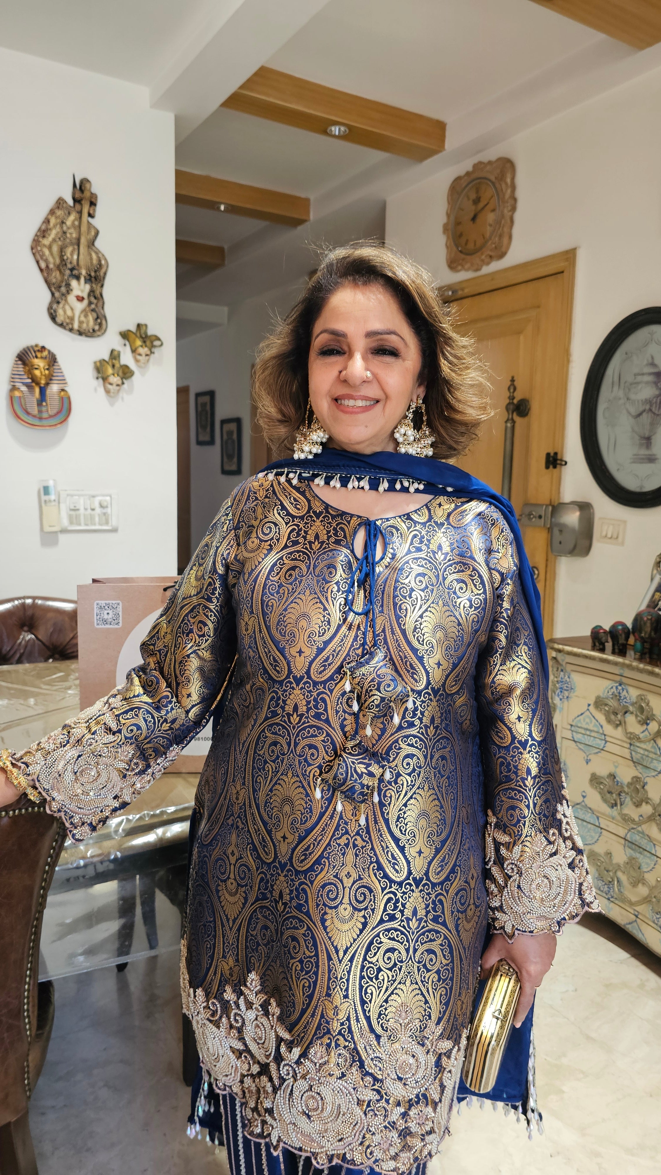 Show stopper Brocade & Crepe Outfit with wispy organza Dupatta with pearl detailing