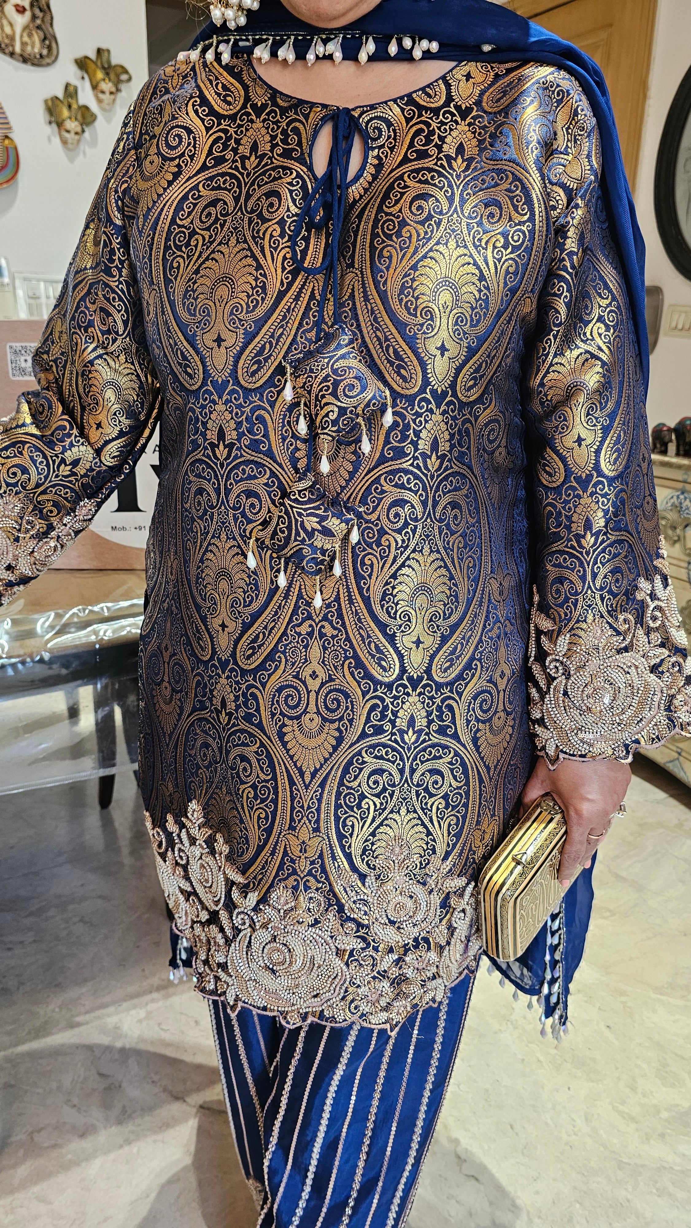 Show stopper Brocade & Crepe Outfit with wispy organza Dupatta with pearl detailing