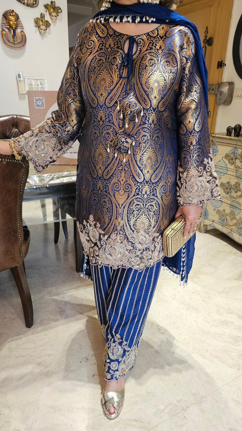 Show stopper Brocade & Crepe Outfit with wispy organza Dupatta with pearl detailing