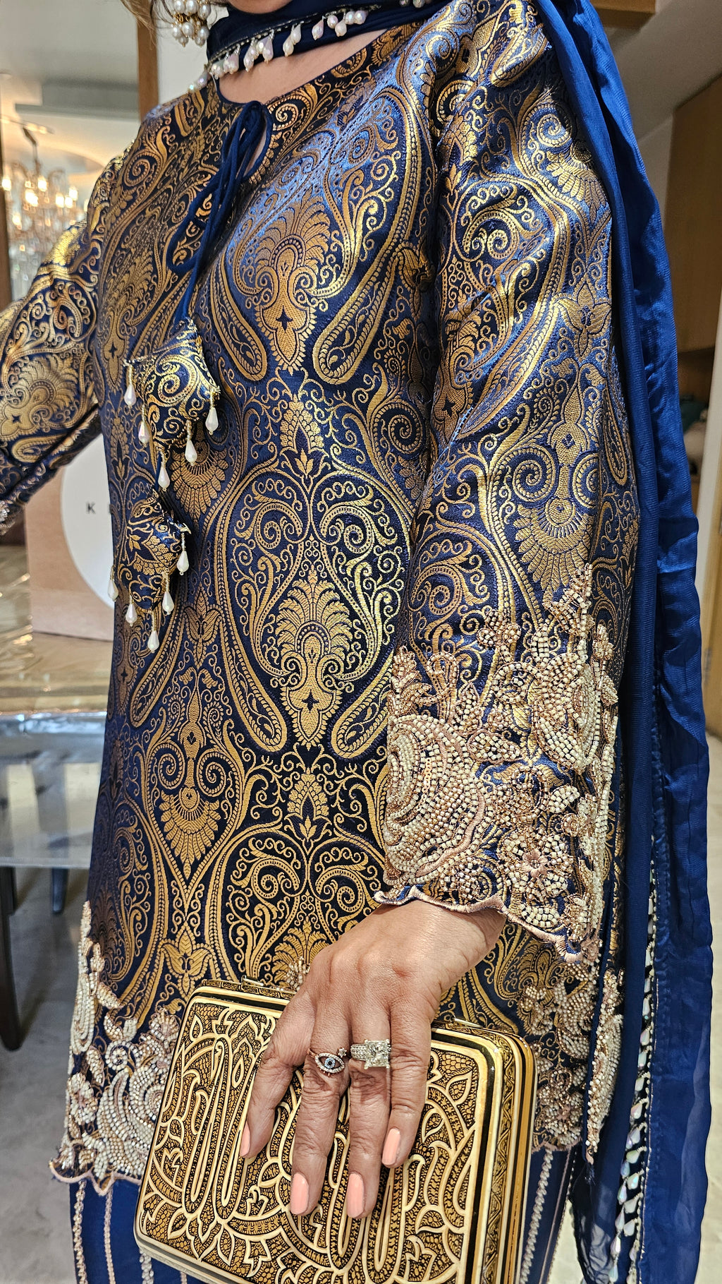 Show stopper Brocade & Crepe Outfit with wispy organza Dupatta with pearl detailing