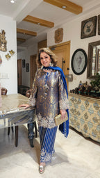 Show stopper Brocade & Crepe Outfit with wispy organza Dupatta with pearl detailing