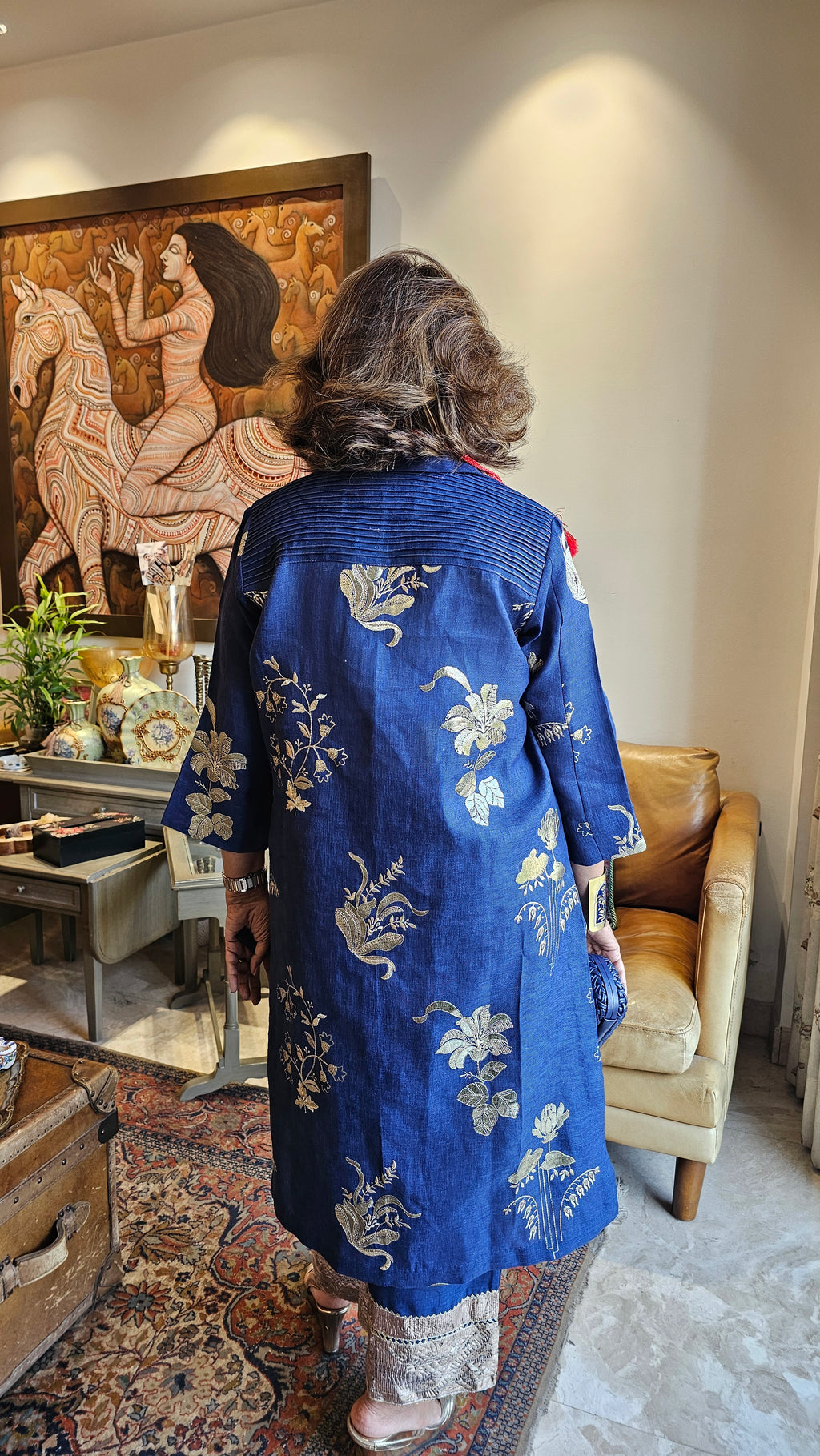 Breath Taking Embroidered Linen Kurta with Plain Linen Short Pants Embellished with Antique Gota