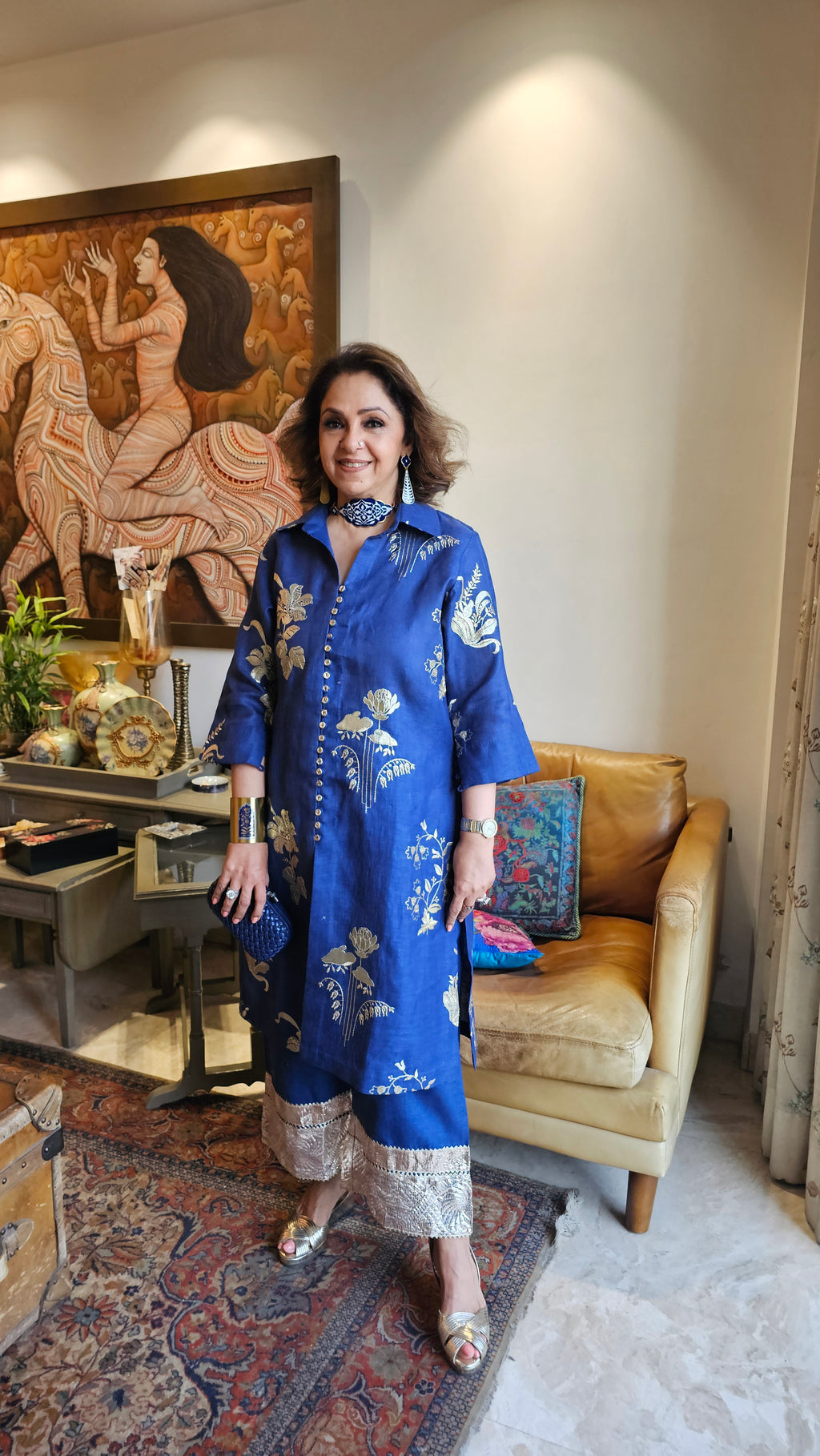 Breath taking Embroidered Linen Kurta with plane linen Short Pants embellished with antique Gota