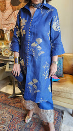 Breath Taking Embroidered Linen Kurta with Plain Linen Short Pants Embellished with Antique Gota