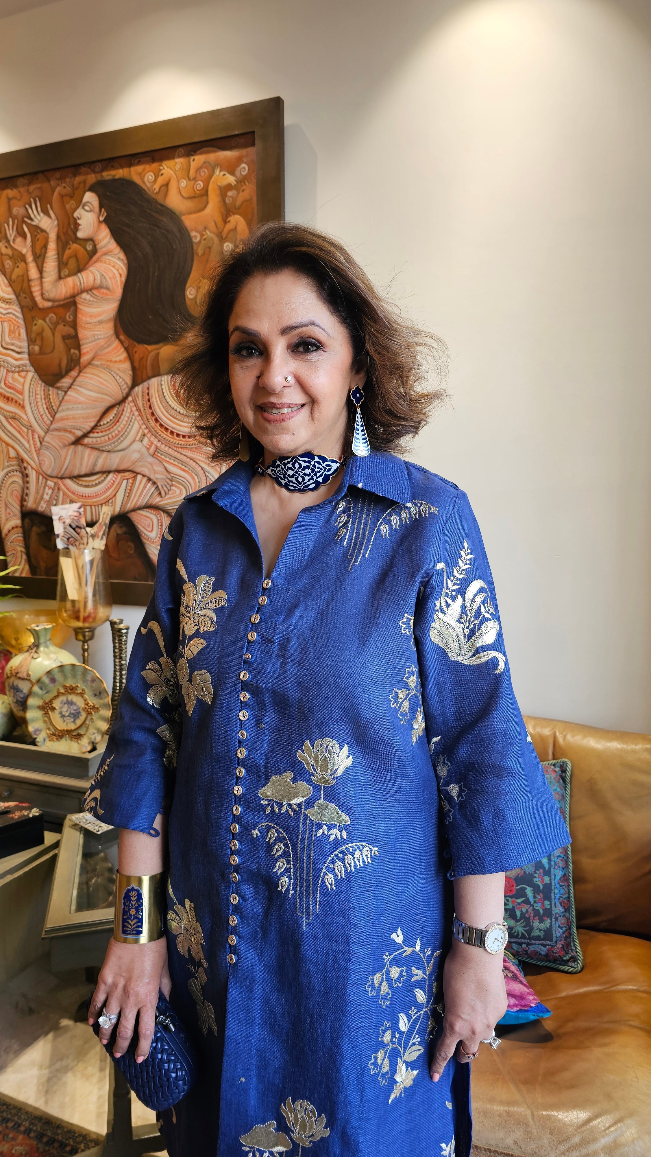 Breath Taking Embroidered Linen Kurta with Plain Linen Short Pants Embellished with Antique Gota