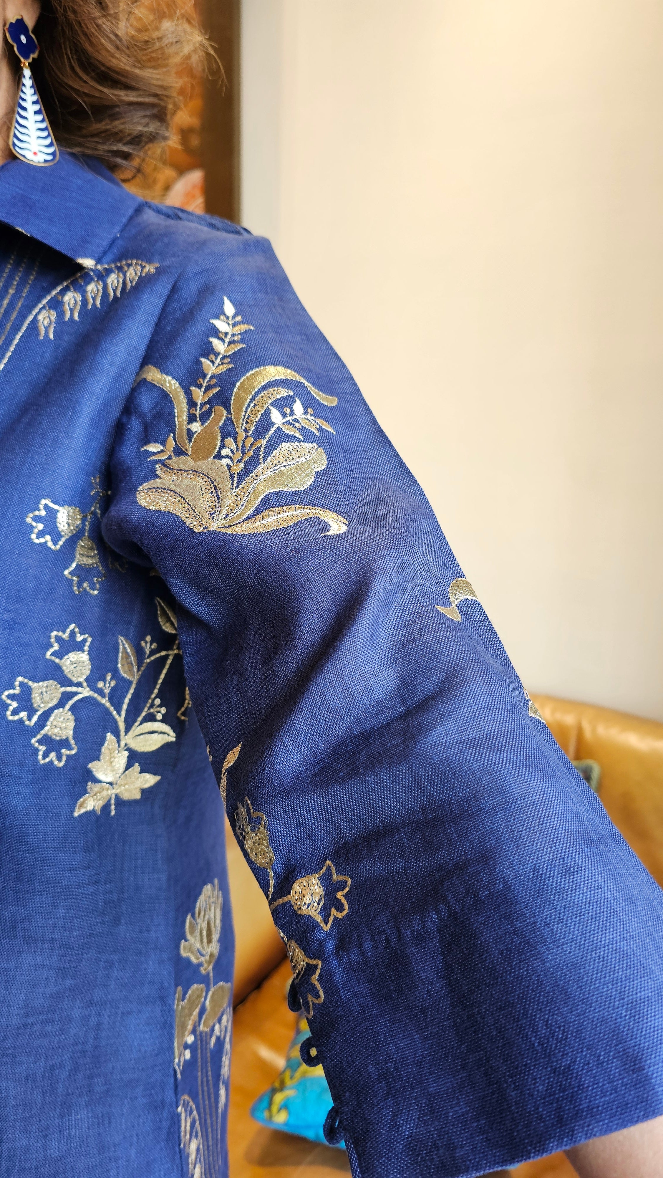 Breath Taking Embroidered Linen Kurta with Plain Linen Short Pants Embellished with Antique Gota