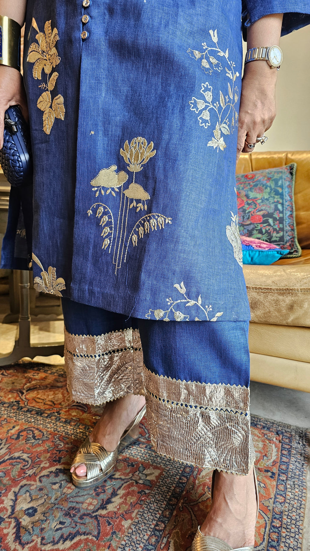 Breath Taking Embroidered Linen Kurta with Plain Linen Short Pants Embellished with Antique Gota