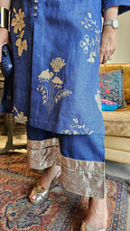 Breath Taking Embroidered Linen Kurta with Plain Linen Short Pants Embellished with Antique Gota