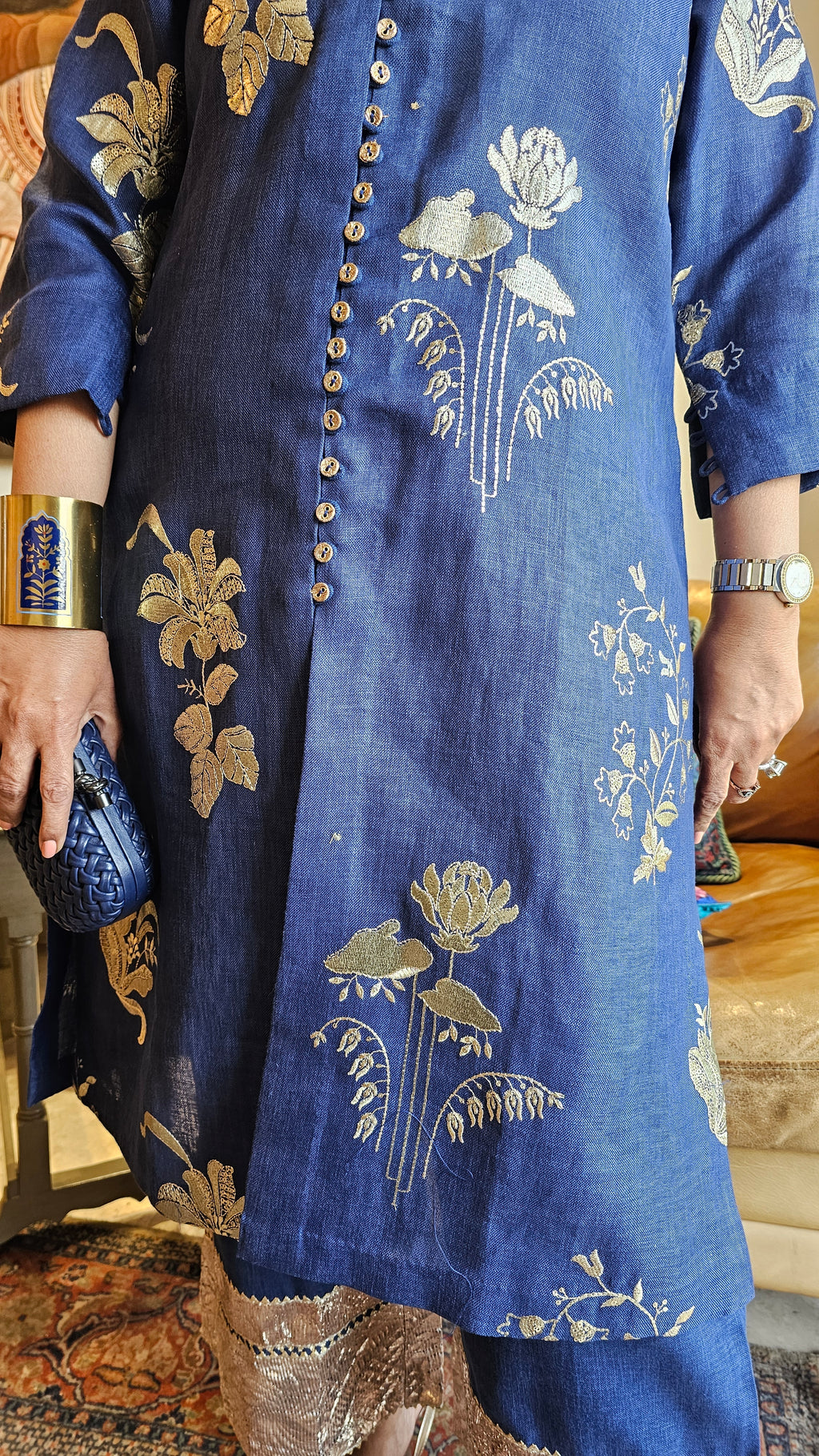 Breath Taking Embroidered Linen Kurta with Plain Linen Short Pants Embellished with Antique Gota