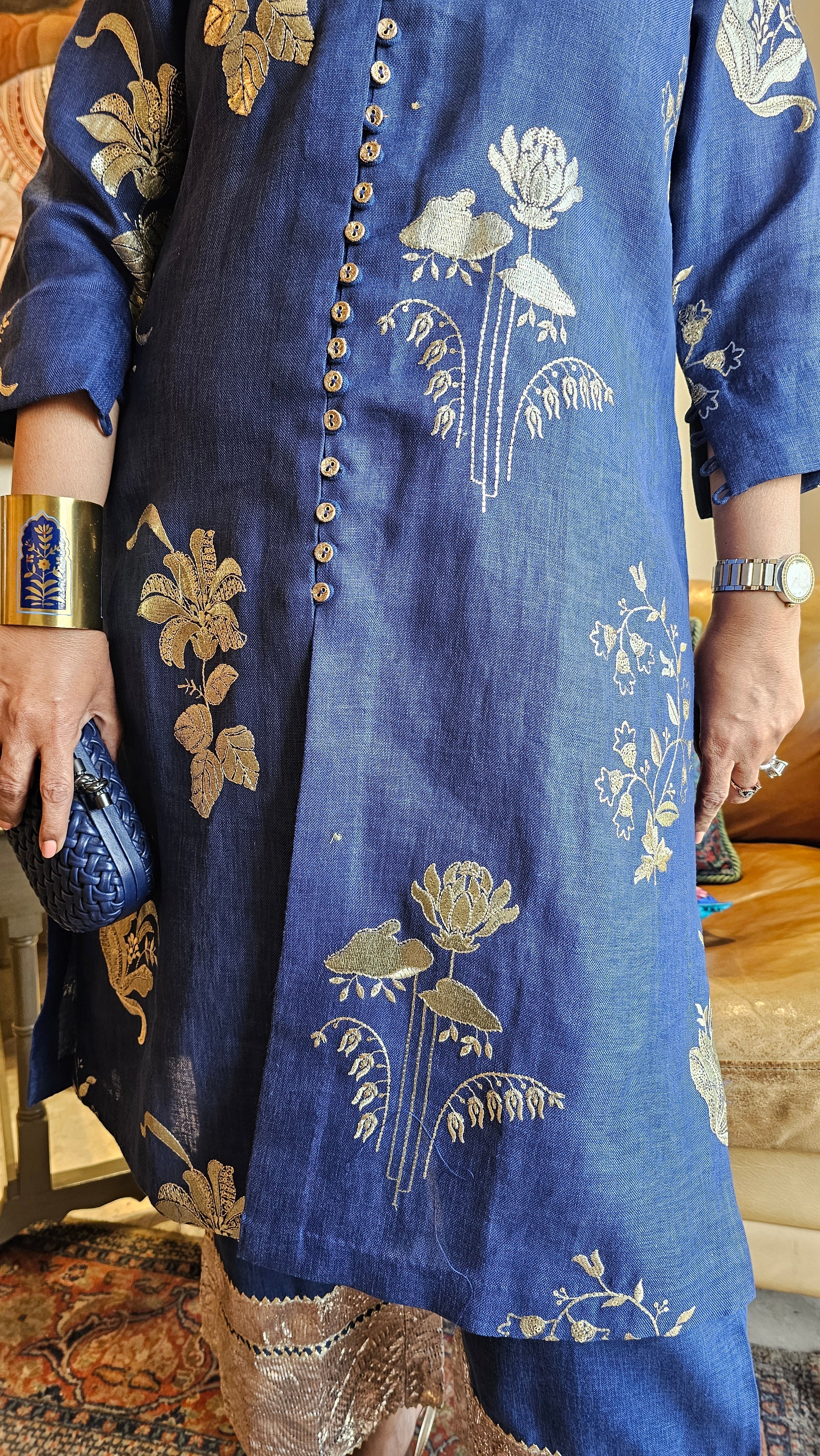 Breath Taking Embroidered Linen Kurta with Plain Linen Short Pants Embellished with Antique Gota
