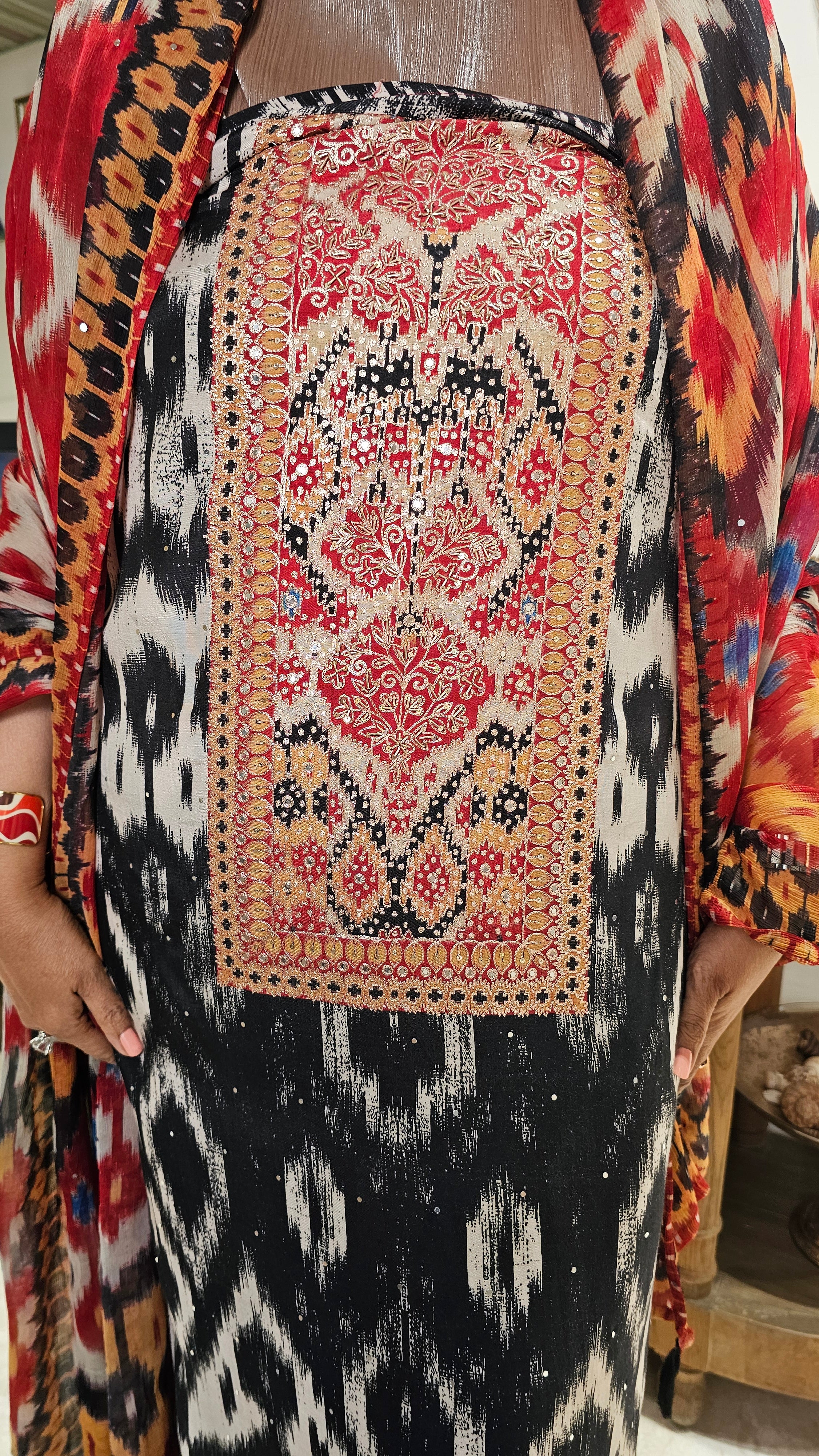Mesmerising Muslin Digital Ikkat Print Chiffon Dupatta with Hand Embroidered Neck & Arri Work with Cotton silk Bottom