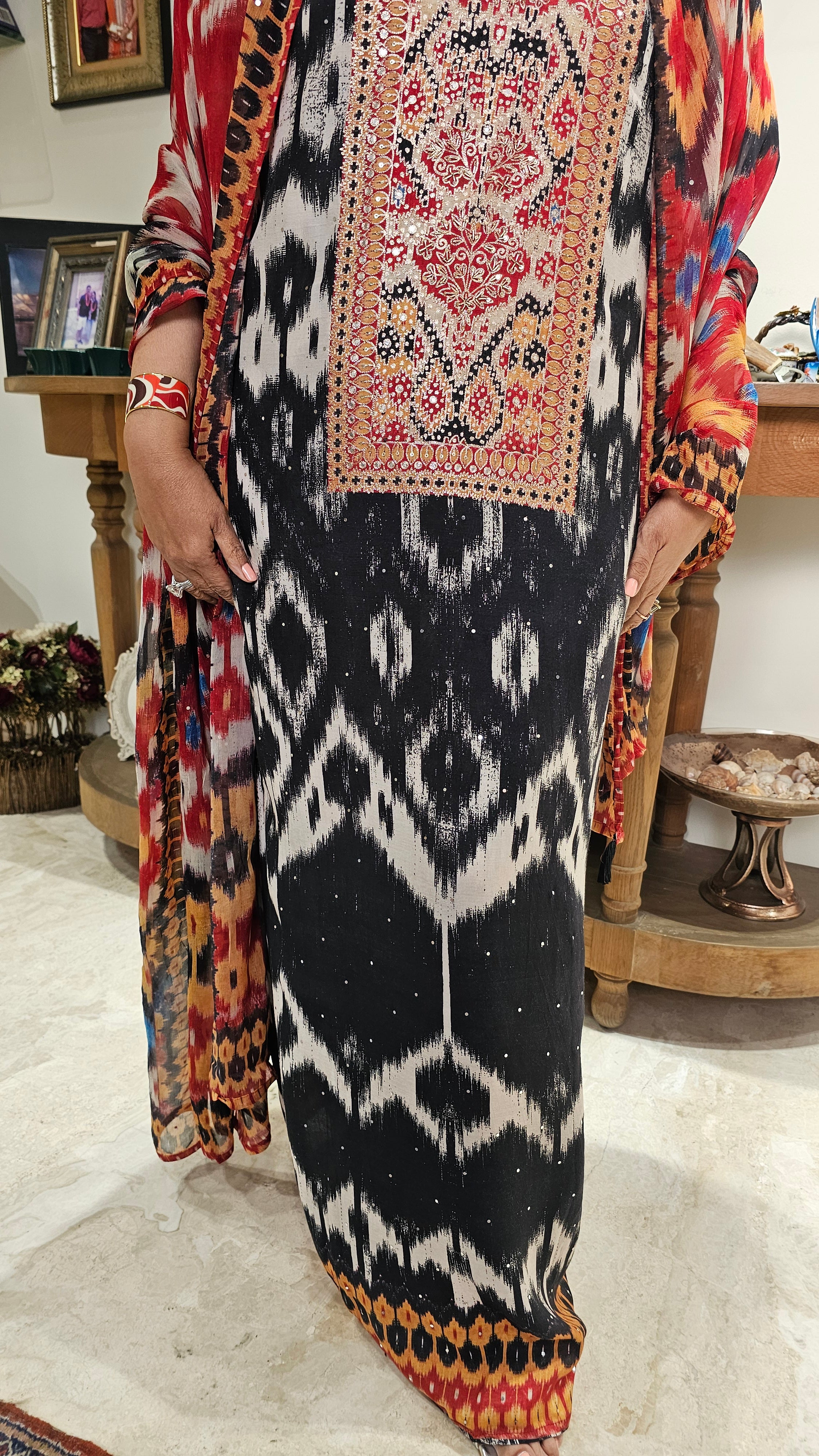 Mesmerising Muslin Digital Ikkat Print Chiffon Dupatta with Hand Embroidered Neck & Arri Work with Cotton silk Bottom