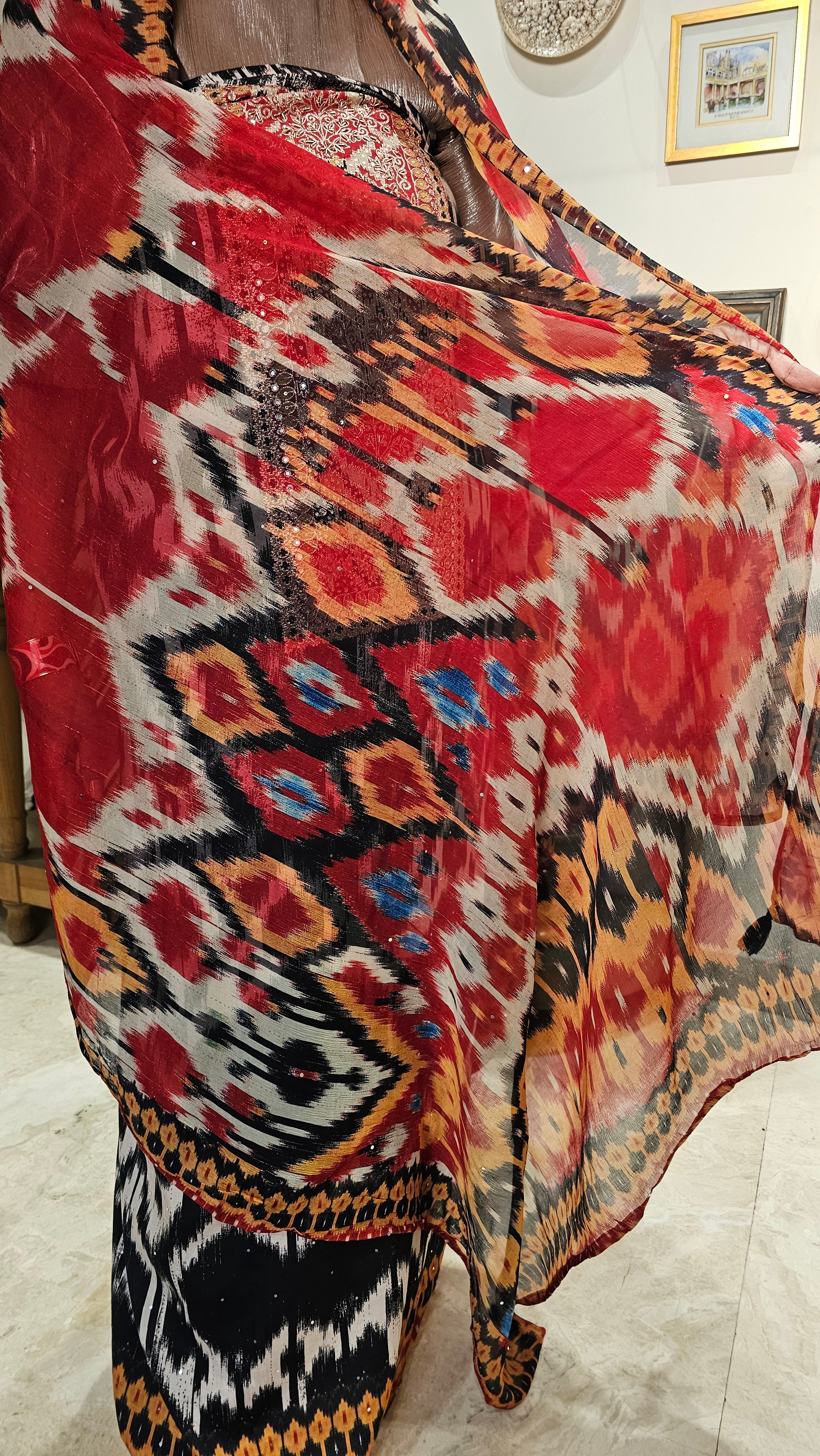 Mesmerising Muslin Digital Ikkat Print Chiffon Dupatta with Hand Embroidered Neck & Arri Work with Cotton silk Bottom