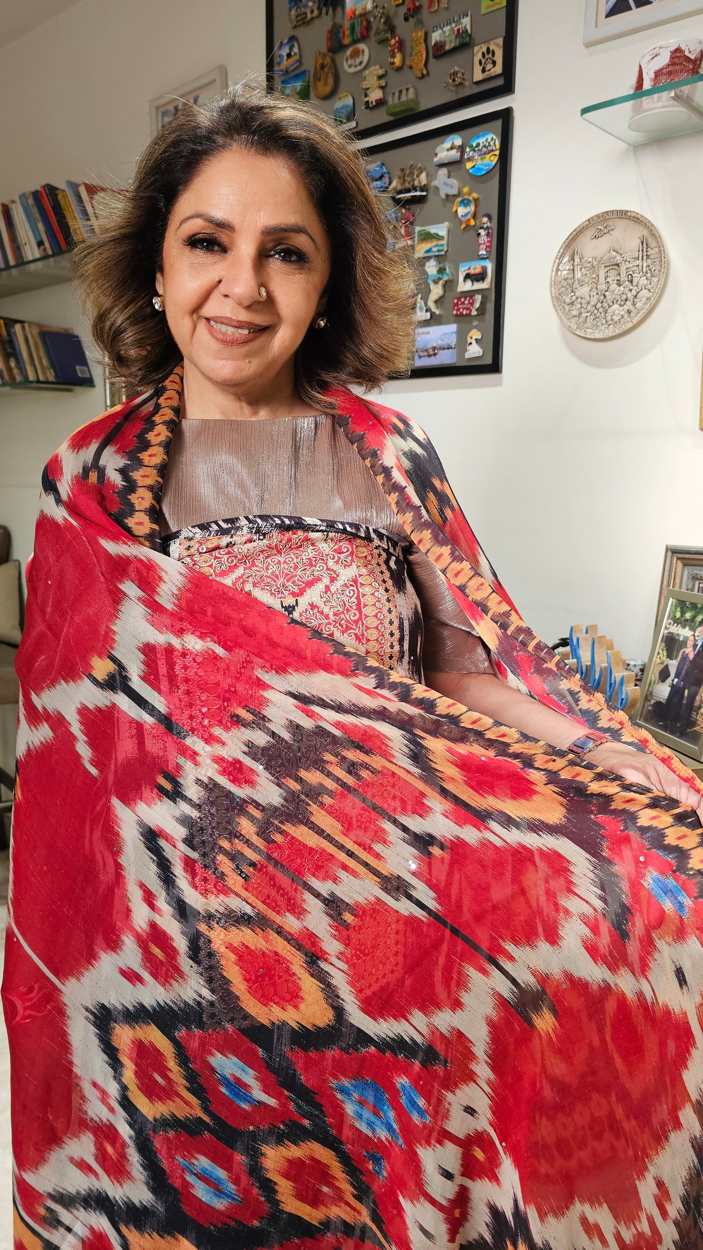 Mesmerising Muslin Digital Ikkat Print Chiffon Dupatta with Hand Embroidered Neck & Arri Work with Cotton silk Bottom