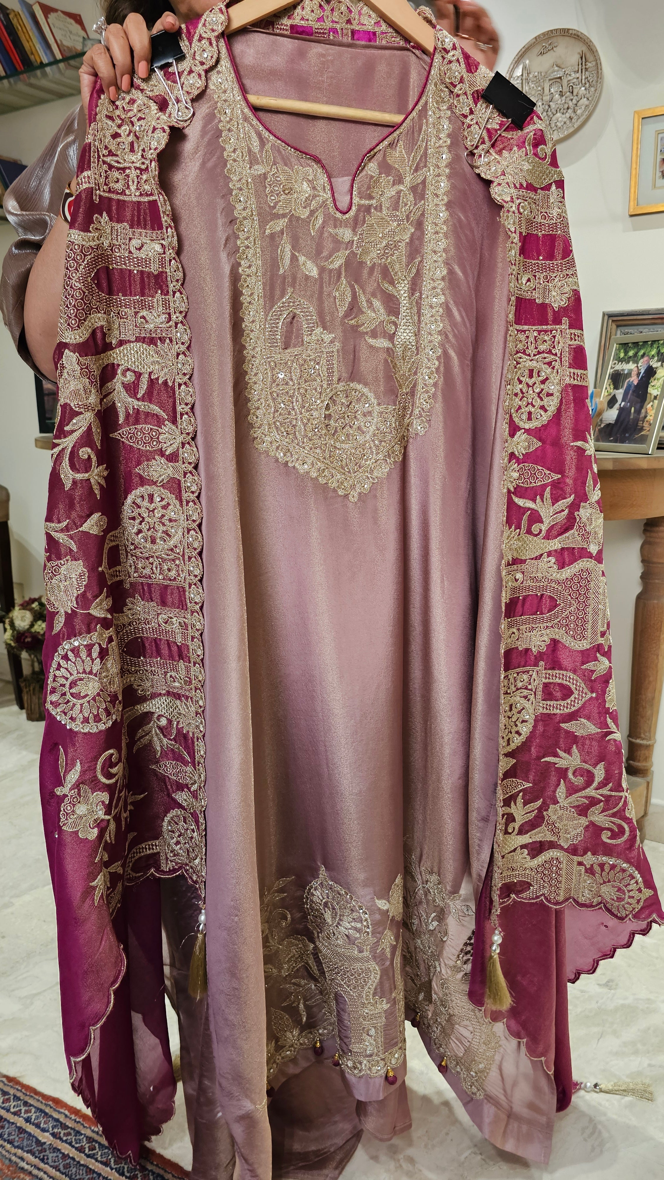 Beautiful Soft Shimmer Tissue Semi Stitched With Upara Silk Bottom With Soft tissue Shimmer Dupatta with Arri & Hand embroidery