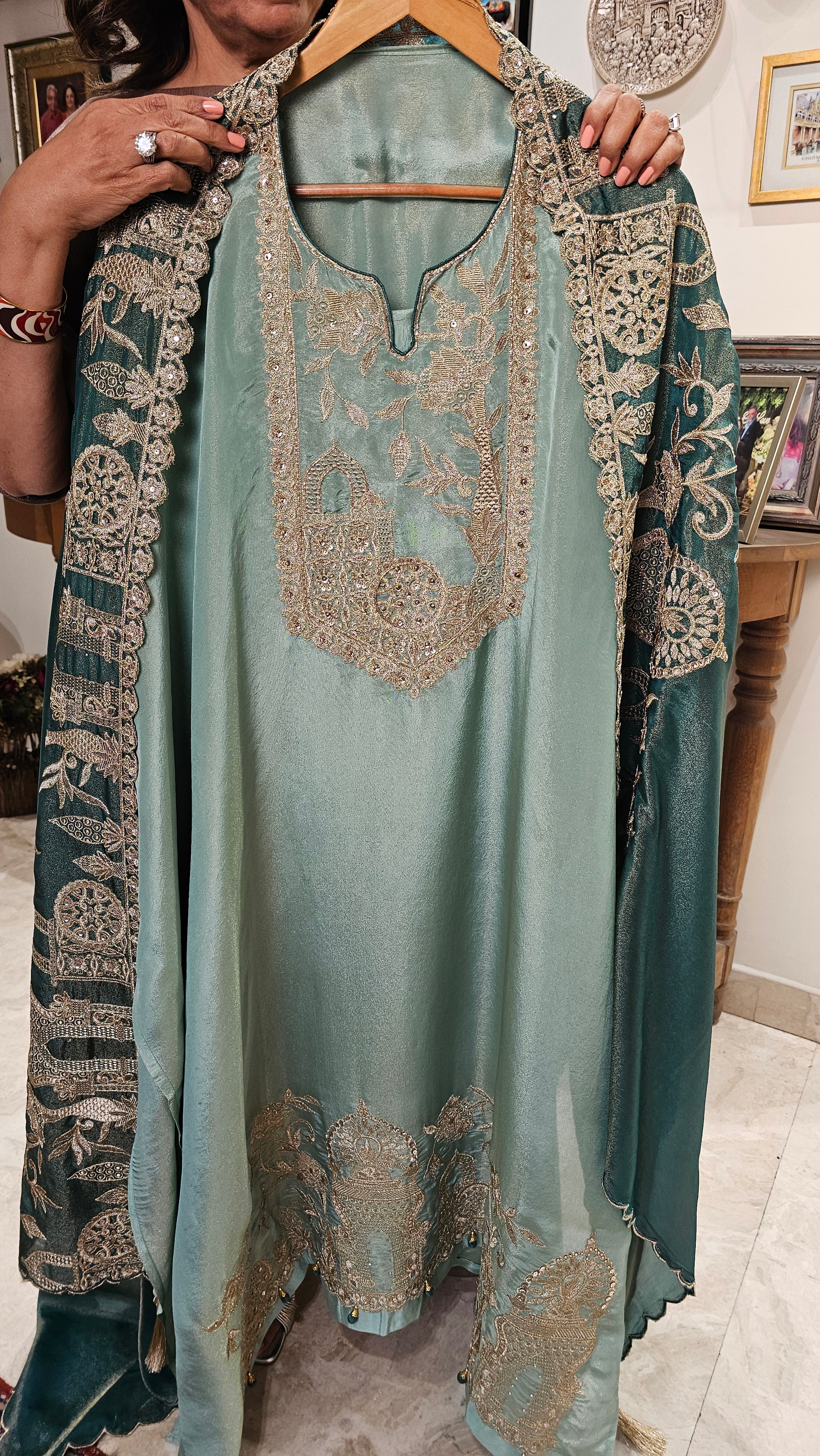Beautiful Soft Shimmer Tissue Semi Stitched With Upara Silk Bottom With Soft tissue Shimmer Dupatta with Arri & Hand embroidery