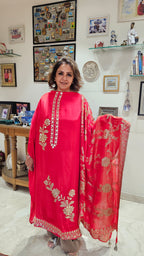 Beautiful Crepe Silk With leather Patch work Top with Upara silk Bottom & Banarasi Georgette Dupatta