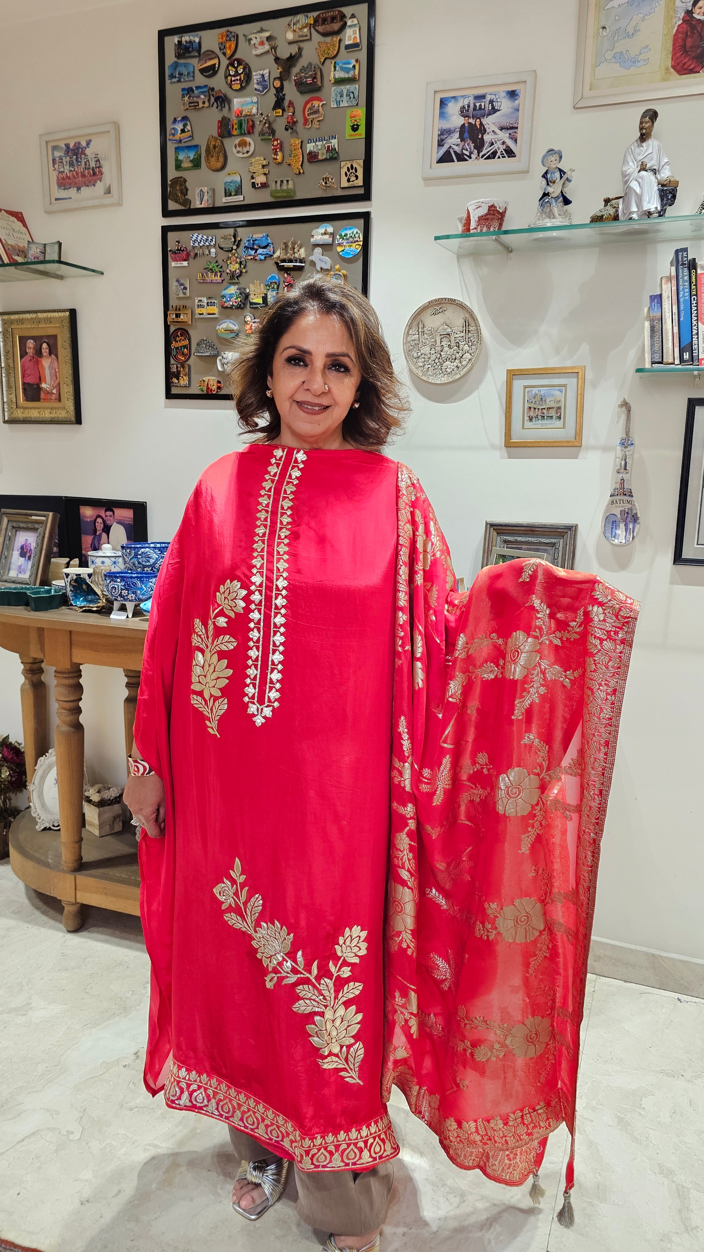 Beautiful Crepe Silk With leather Patch work Top with Upara silk Bottom & Banarasi Georgette Dupatta