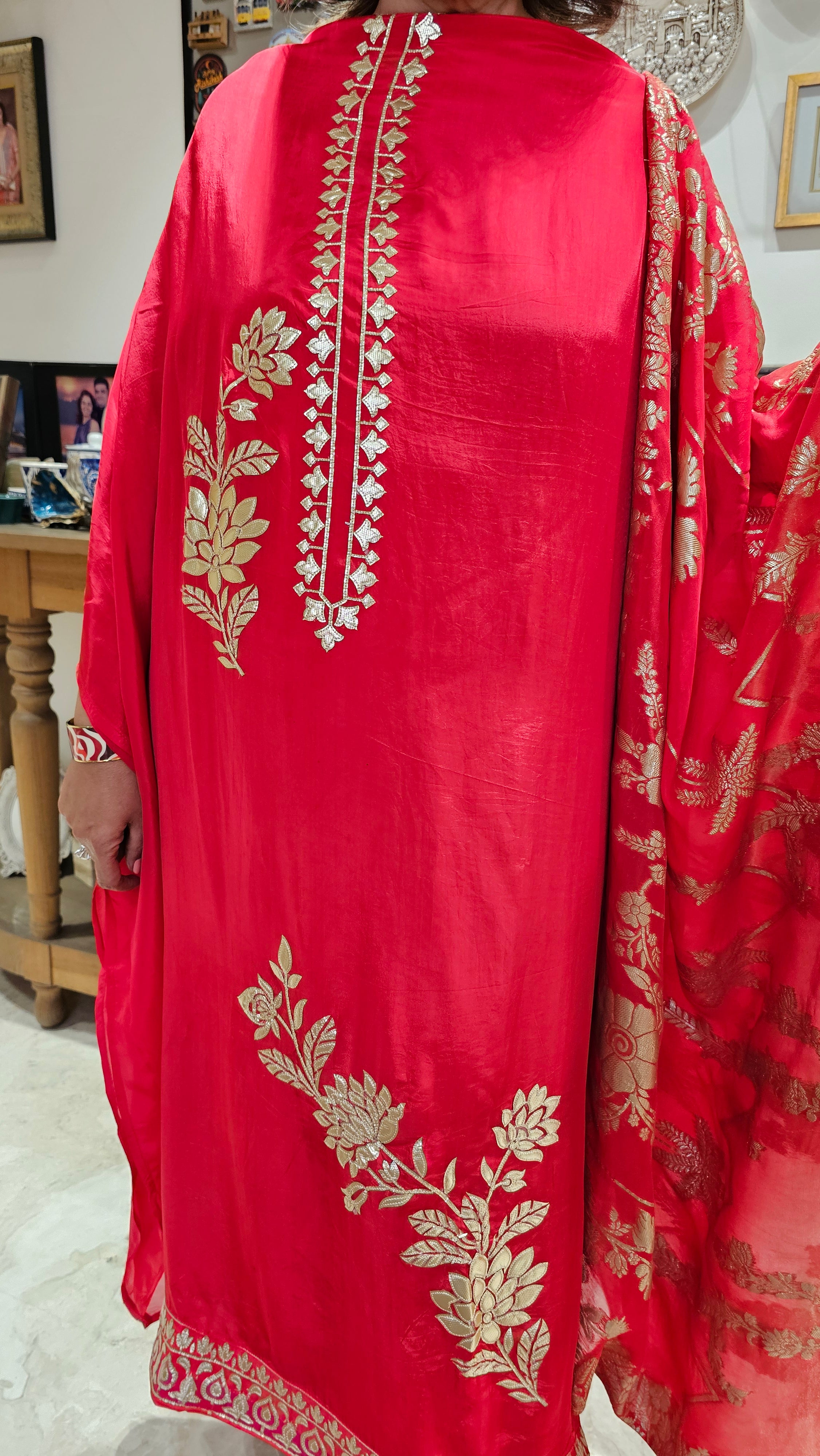 Beautiful Crepe Silk With leather Patch work Top with Upara silk Bottom & Banarasi Georgette Dupatta