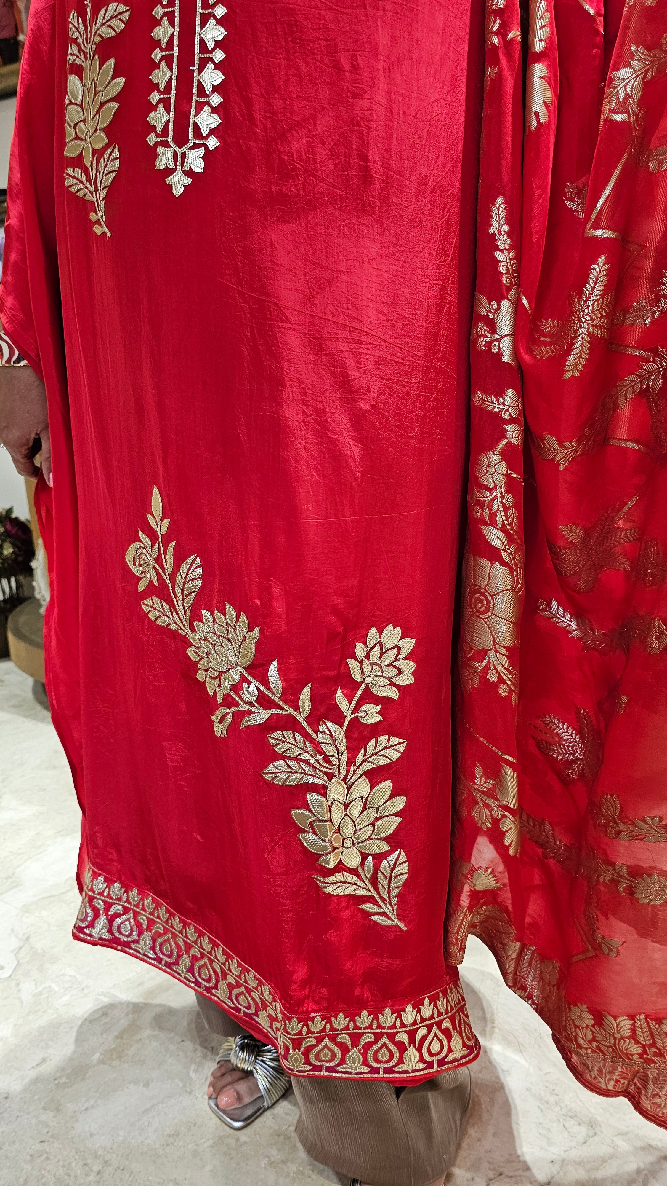 Beautiful Crepe Silk With leather Patch work Top with Upara silk Bottom & Banarasi Georgette Dupatta