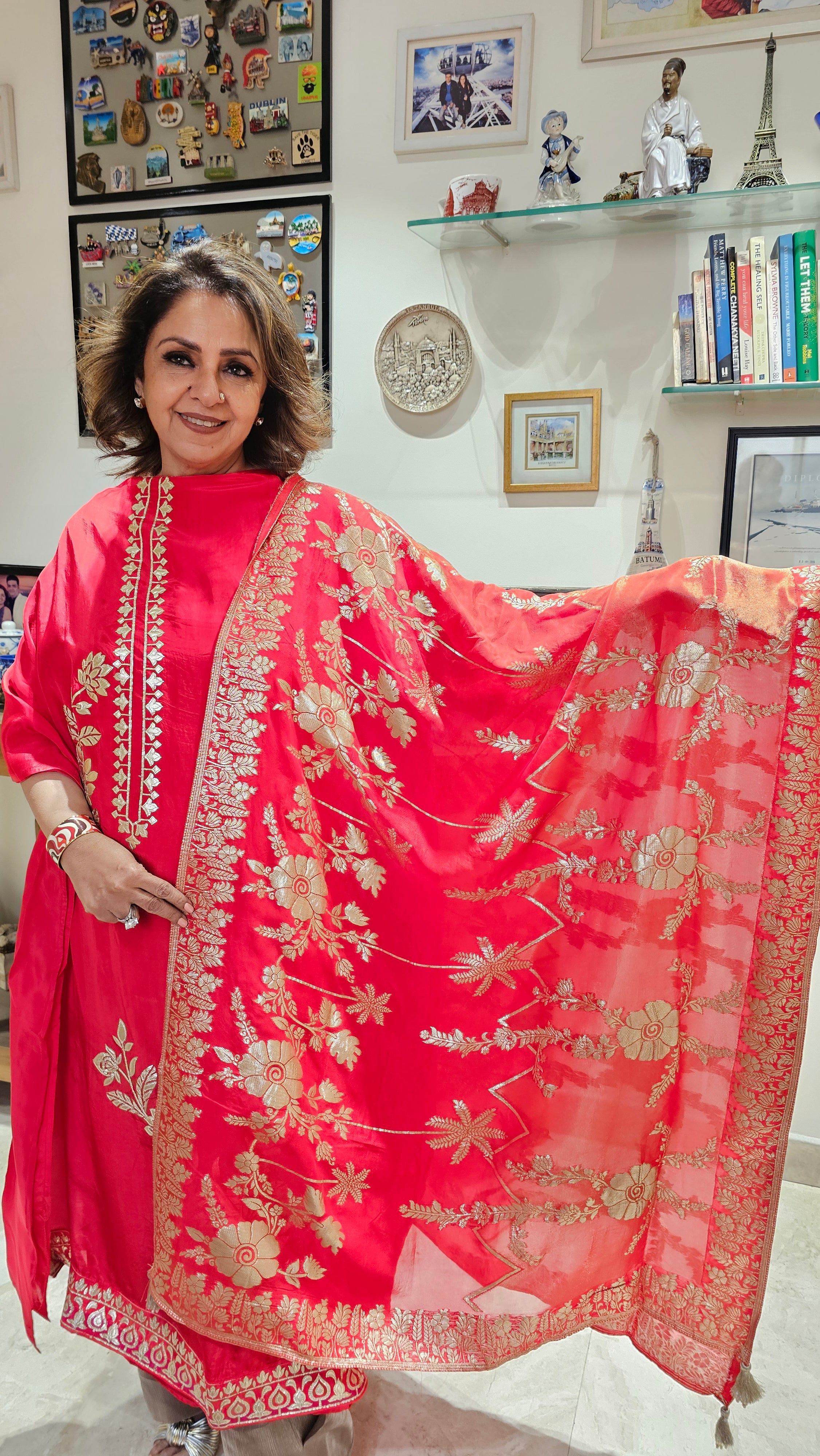 Beautiful Crepe Silk With leather Patch work Top with Upara silk Bottom & Banarasi Georgette Dupatta