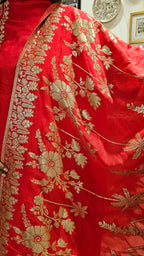 Beautiful Crepe Silk With leather Patch work Top with Upara silk Bottom & Banarasi Georgette Dupatta