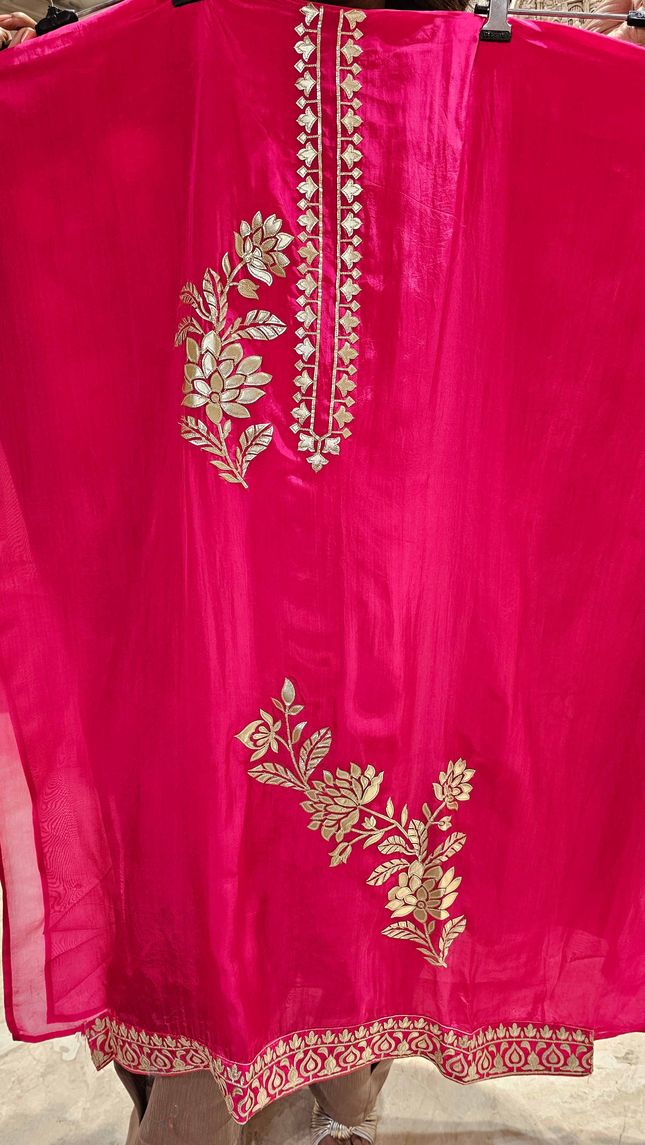 Beautiful Crepe Silk With leather Patch work Top with Upara silk Bottom & Banarasi Georgette Dupatta
