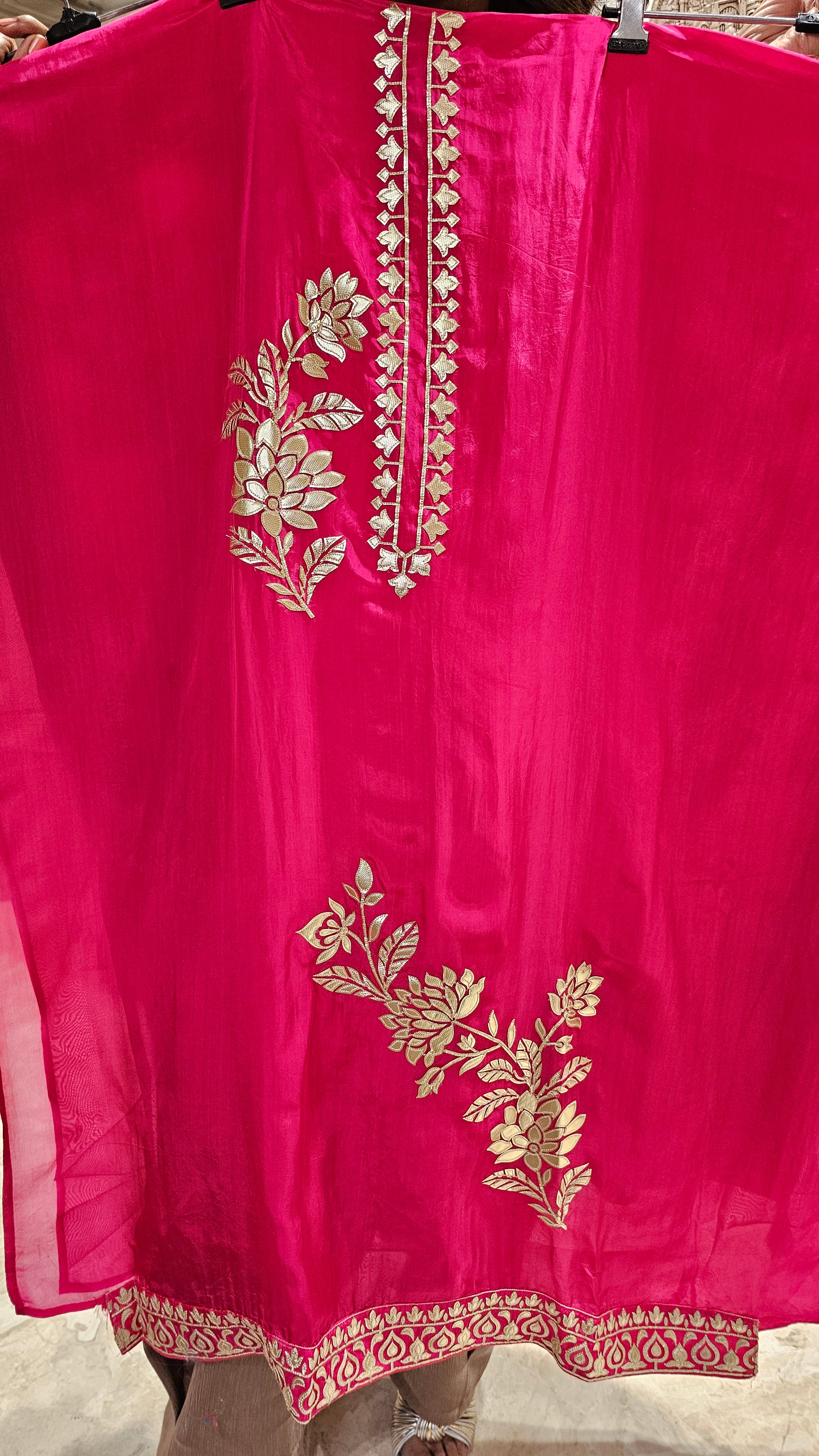Beautiful Crepe Silk With leather Patch work Top with Upara silk Bottom & Banarasi Georgette Dupatta